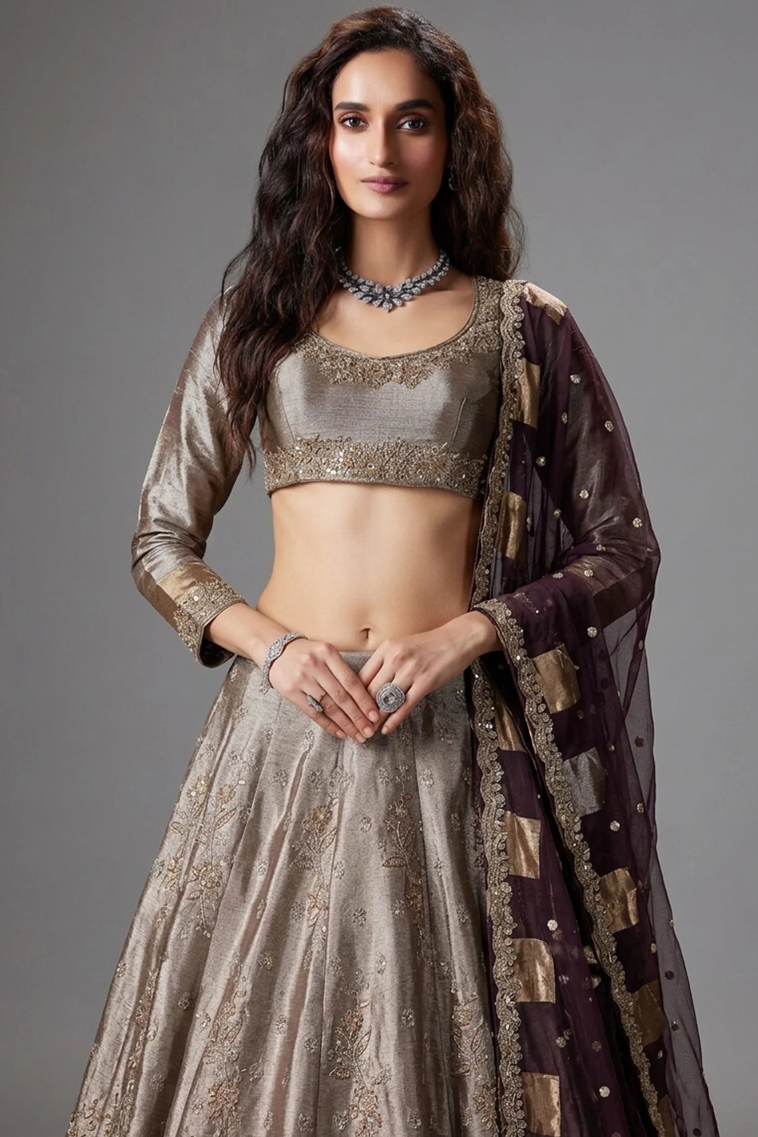 Silver and Golden Ombre Tissue Zardosi Worked Lehenga - Image 2