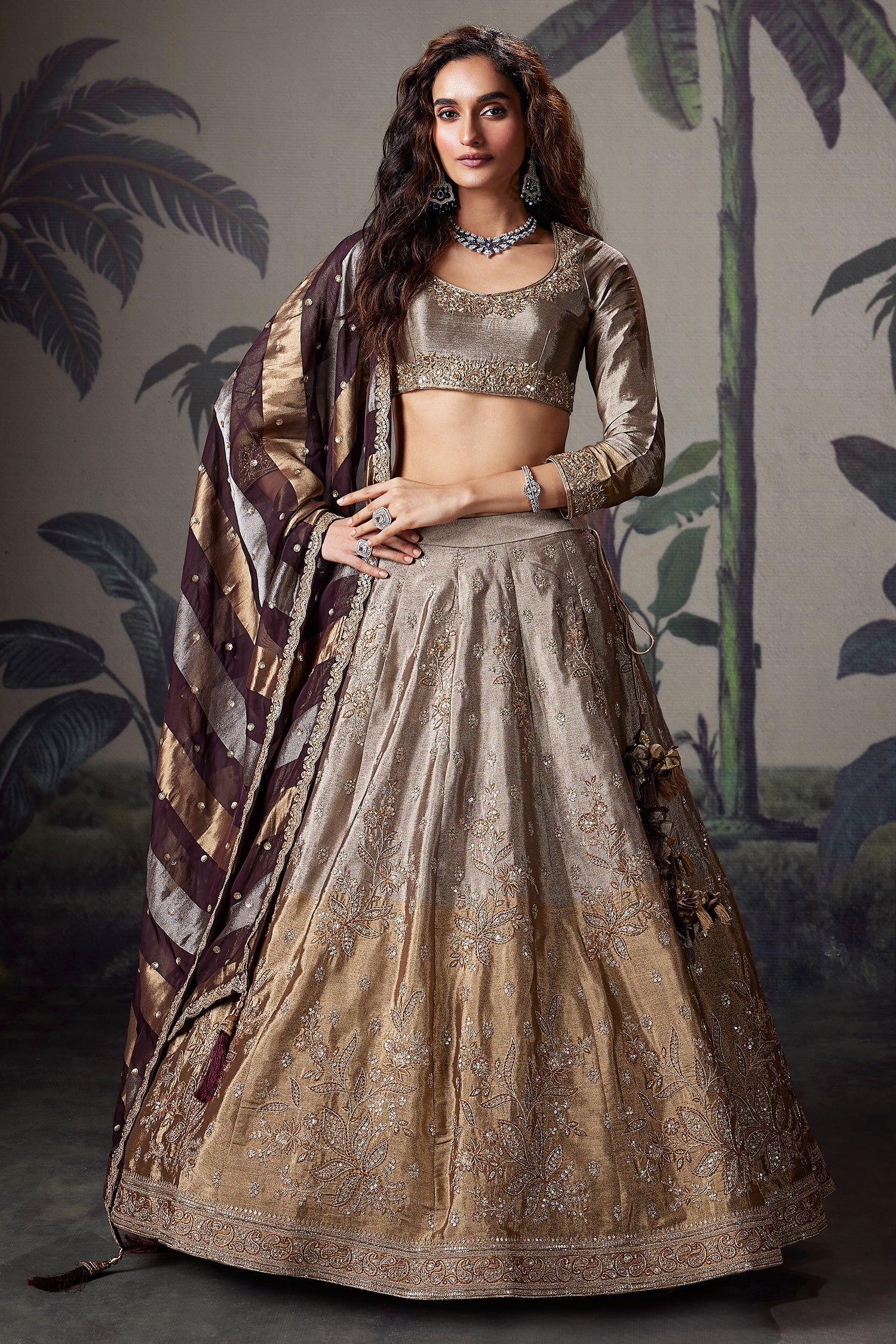 Silver and Golden Ombre Tissue Zardosi Worked Lehenga - Image 3
