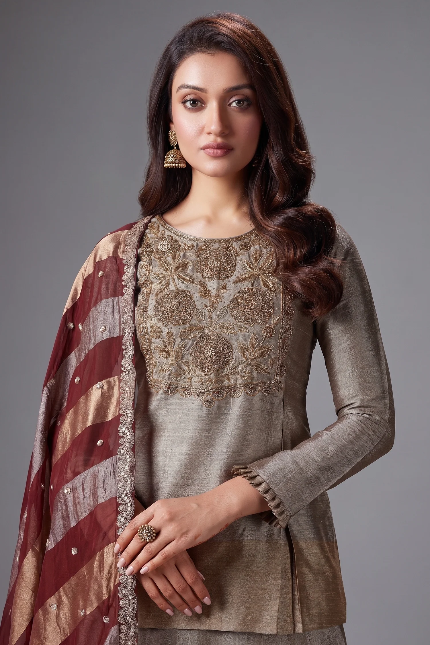 Silver and Golden Ombre Tissue Zardosi Worked Lehenga with Long Top - Image 2