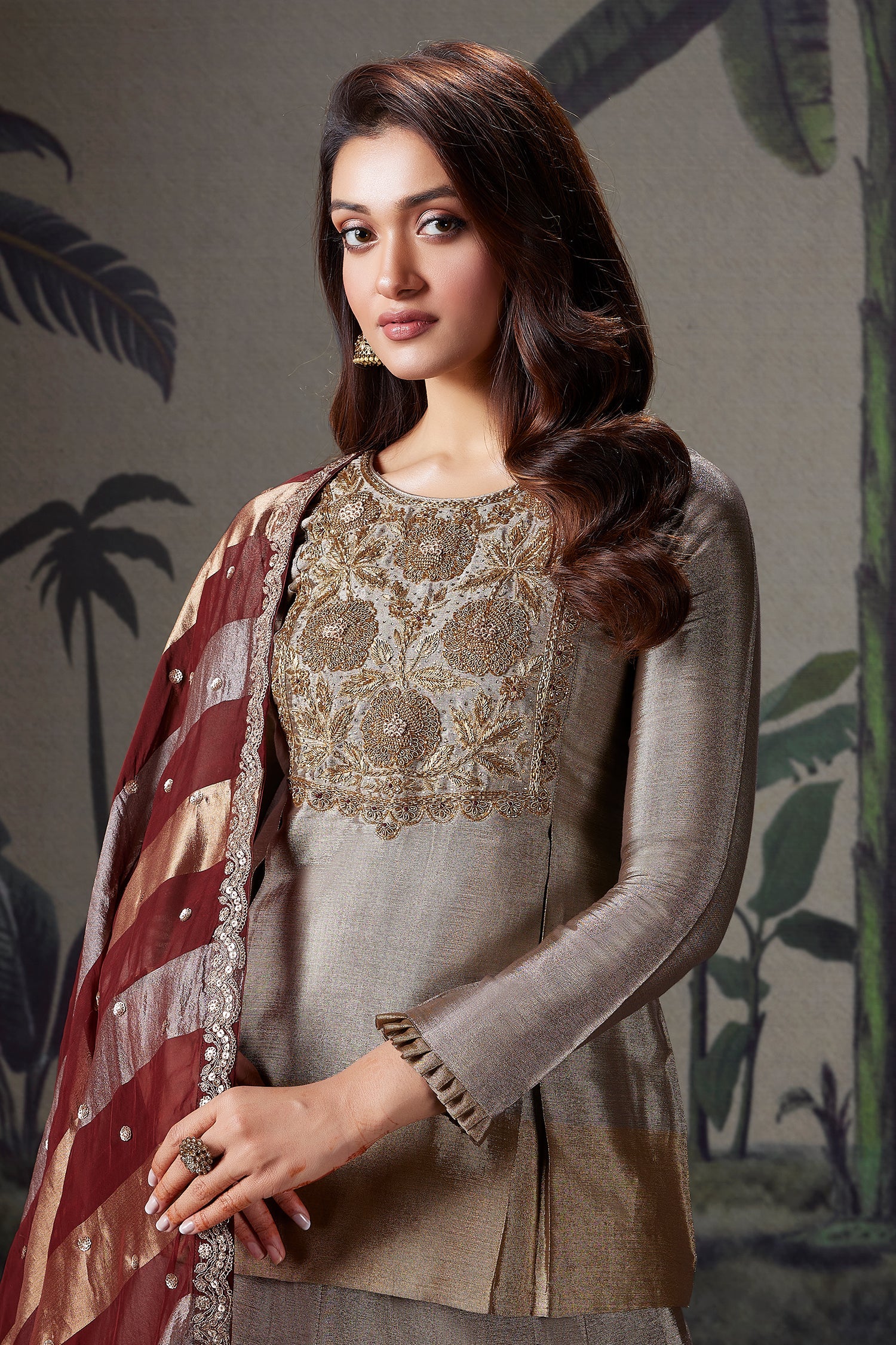 Silver and Golden Ombre Tissue Zardosi Worked Lehenga with Long Top - Image 3