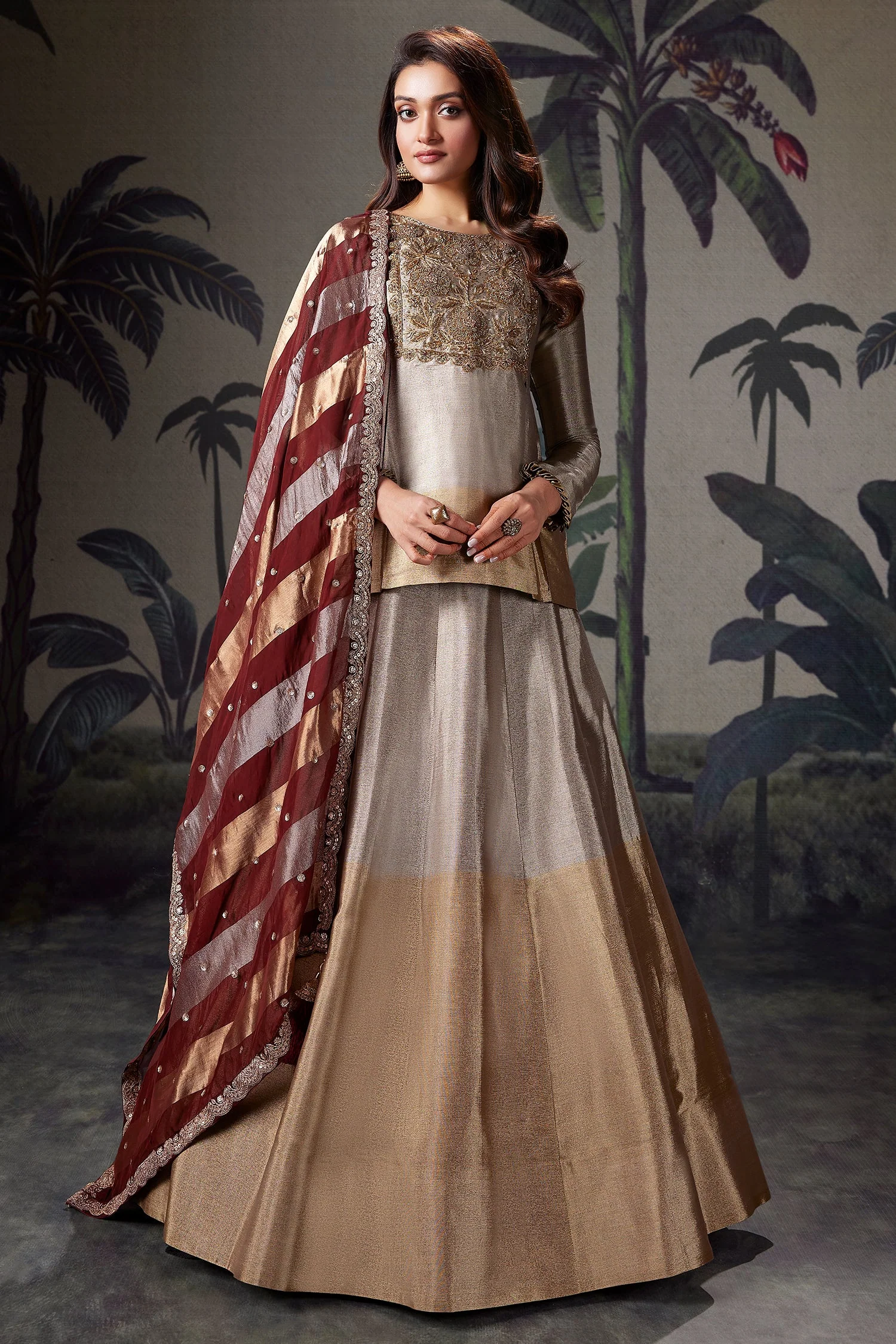 Silver and Golden Ombre Tissue Zardosi Worked Lehenga with Long Top - Image 4