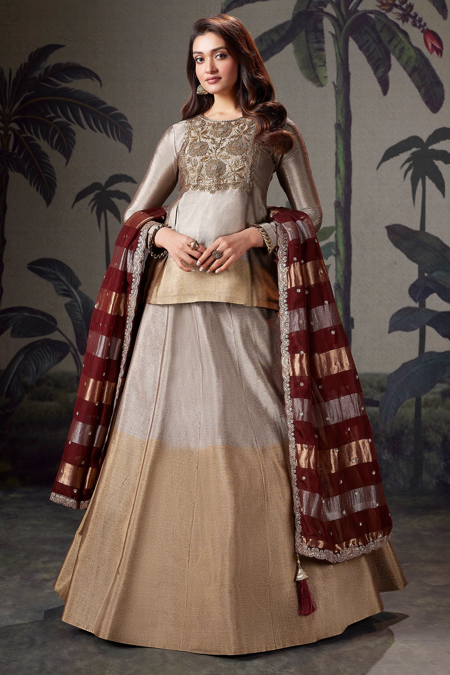 Silver and Golden Ombre Tissue Zardosi Worked Lehenga with Long Top - Image 5
