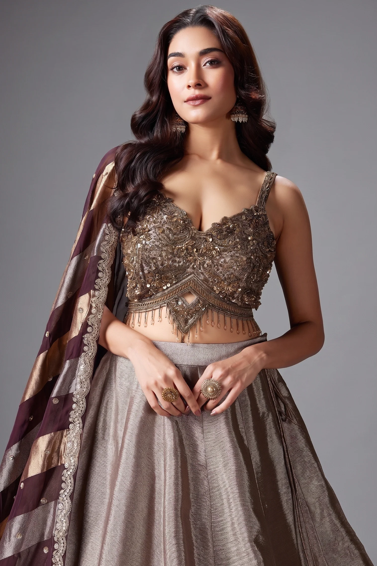 Silver and Golden Tissue Lehenga with Handwork Blouse - Image 2