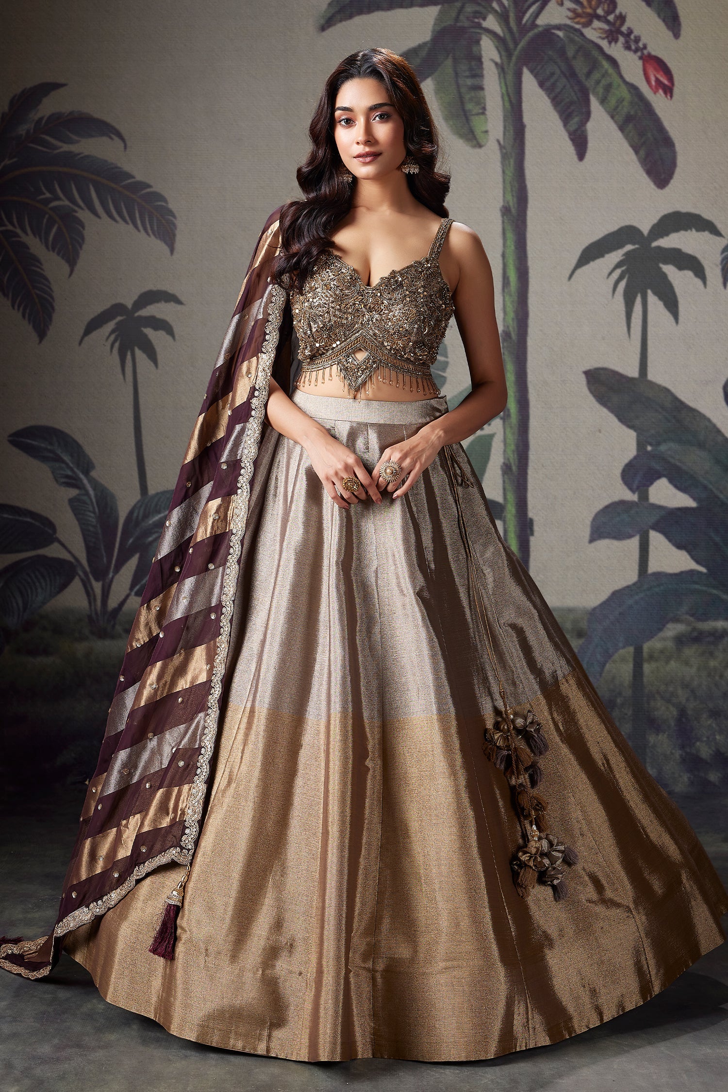 Silver and Golden Tissue Lehenga with Handwork Blouse - Image 3