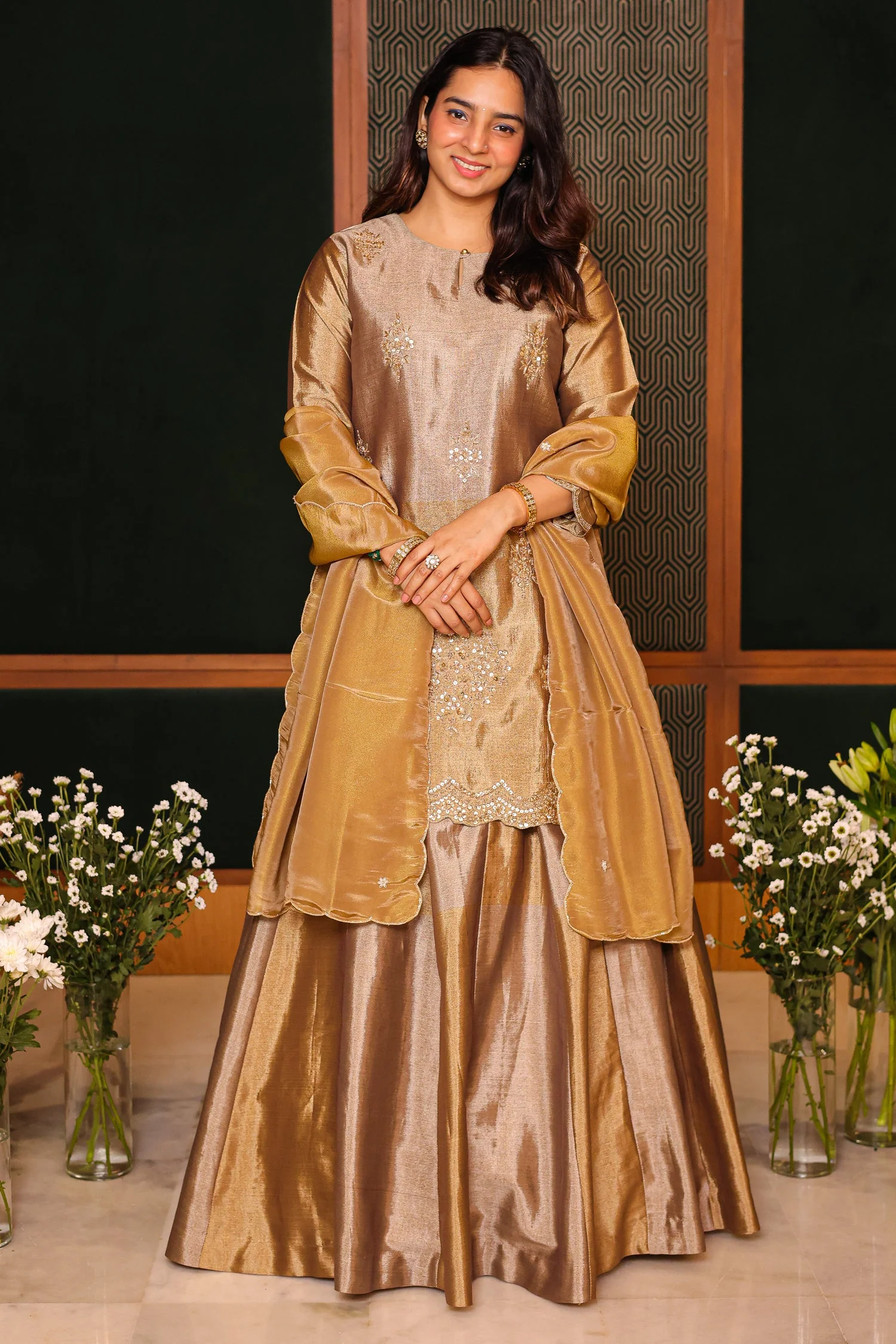 Silver and Golden Tissue Silk Zardosi and Sequin Worked Lehenga Suit - Image 2