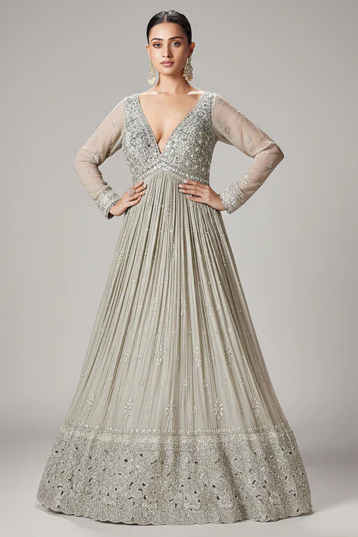 Silver Georgette Sequinned V Neck Anarkali Suit