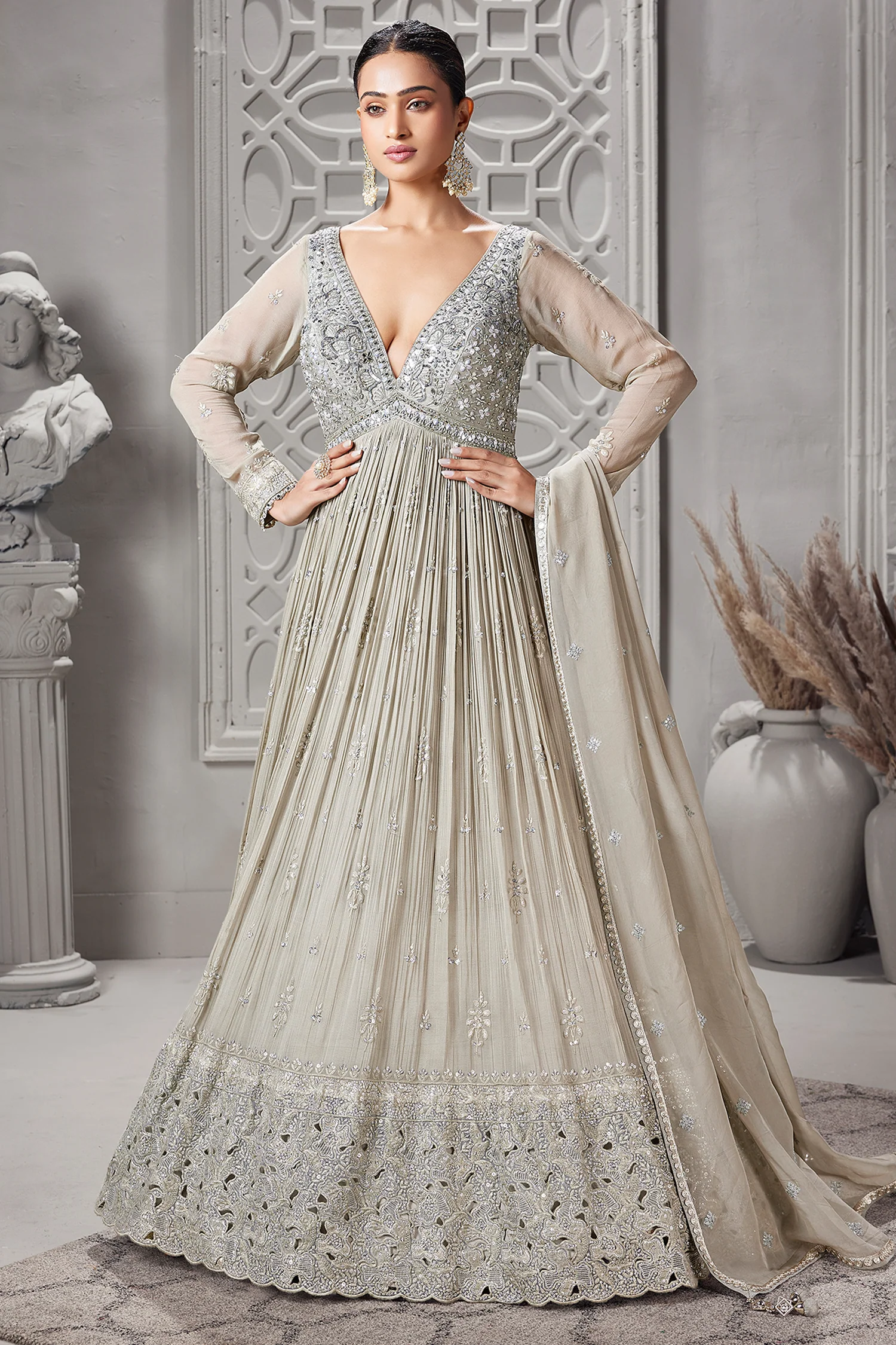 Silver Georgette Sequinned V Neck Anarkali Suit - Image 2