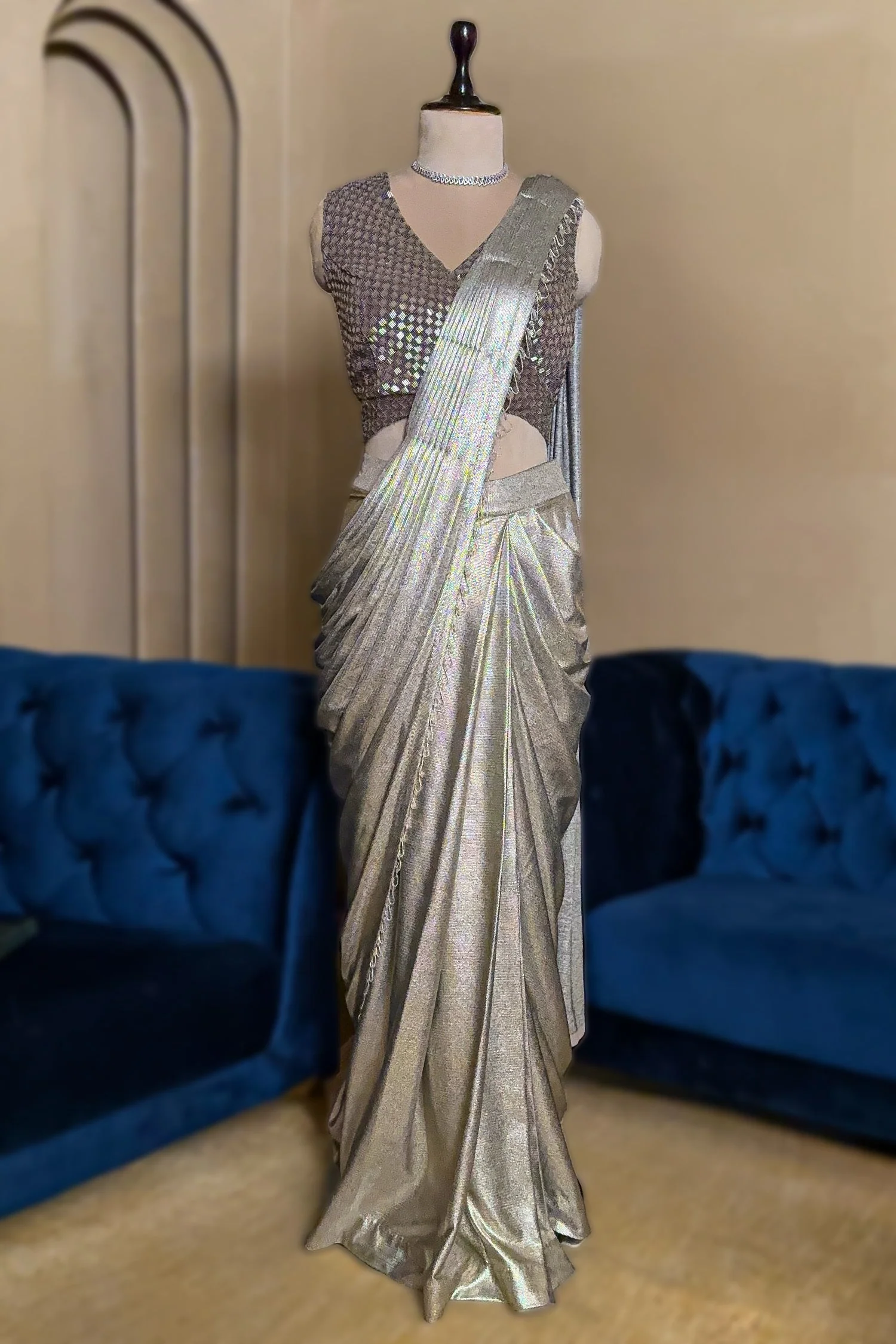 Silver Metallic Pre-Draped Saree with Embellished Blouse - Image 3