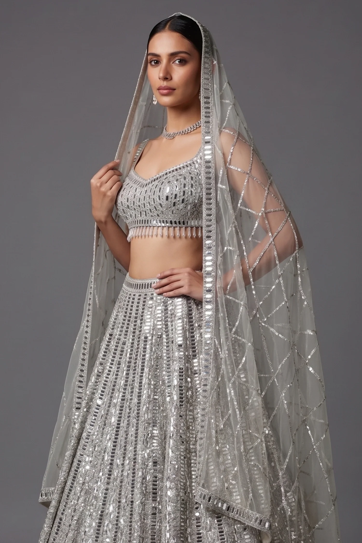 Silver Mirror Worked Embellished Lehenga - Image 2