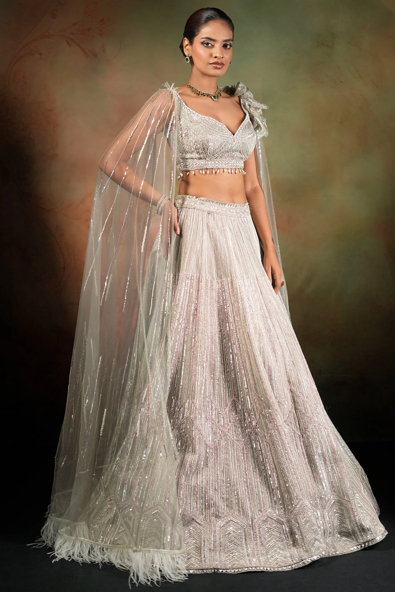 Silver Net Designer Lehenga Set with Cape Sleeves - Image 2