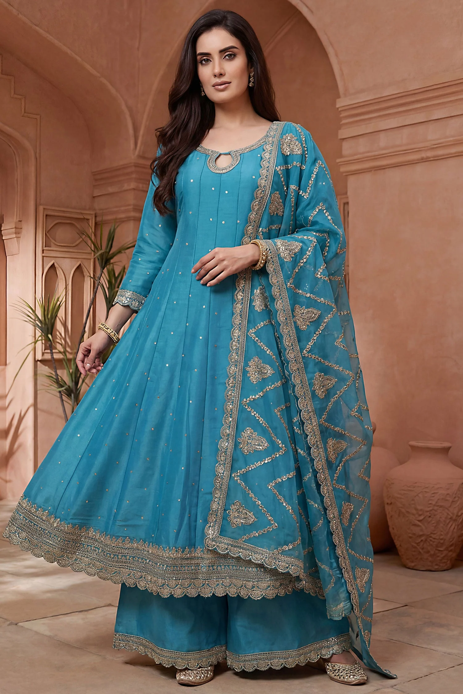 Sky Blue Art Silk Embroidered Anarkali Palazzo Suit - Image 2