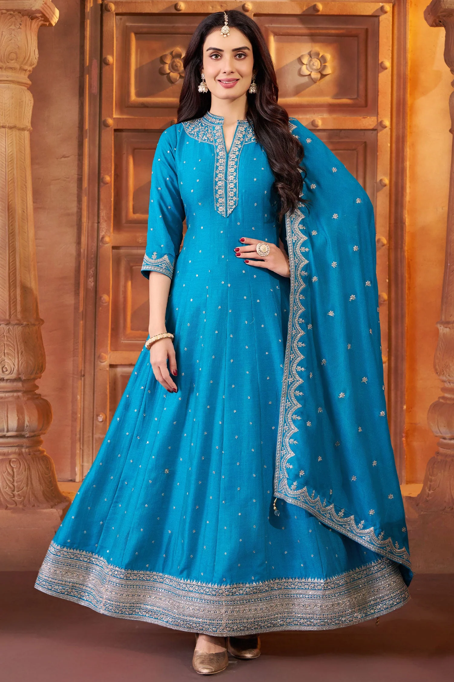 Sky Blue Art Silk Sequin Embroidery Worked Anarkali Suit - Image 2