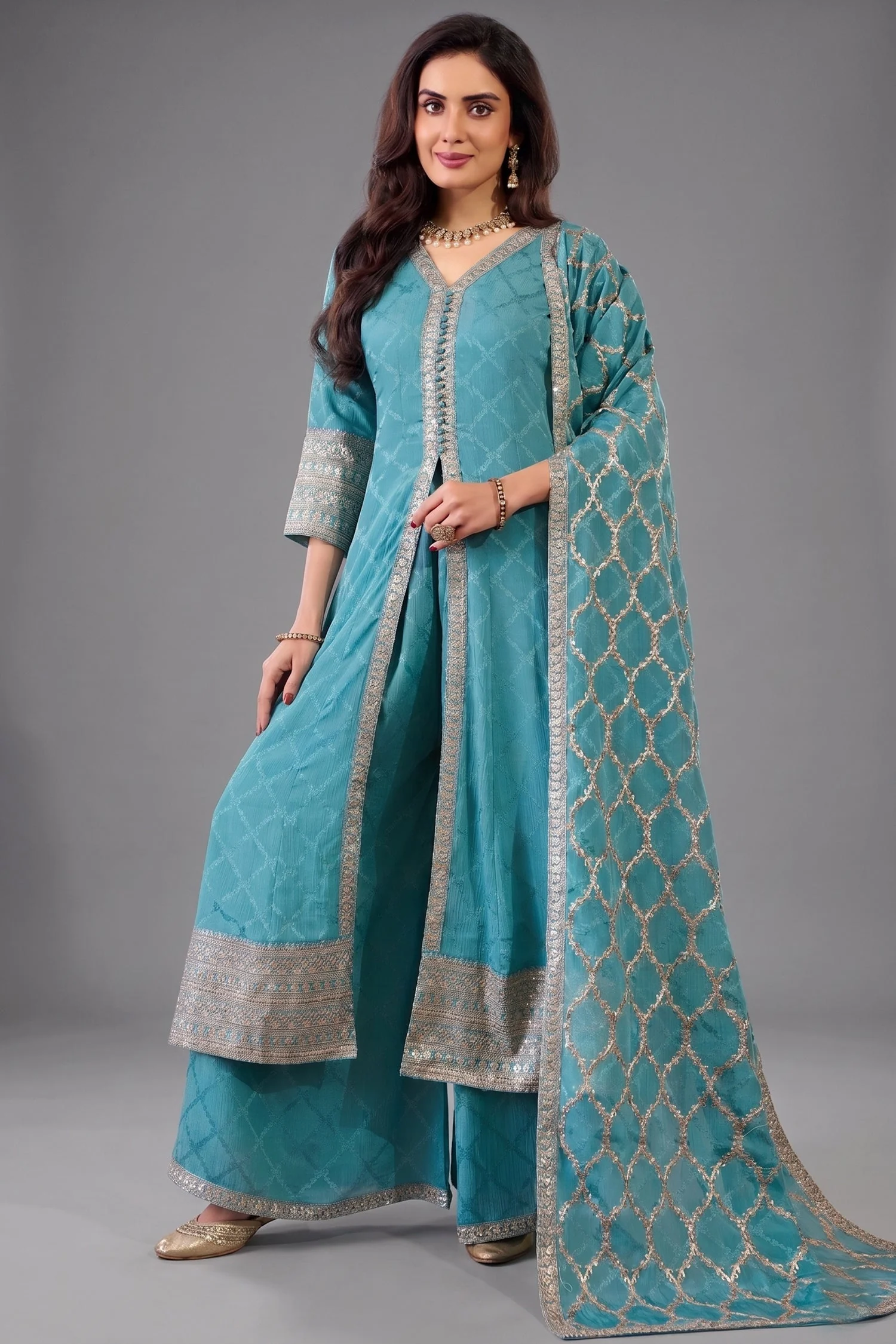 Sky Blue Chinon Chiffon Silk Sequin Embroidered Slit Cut Palazzo Suit