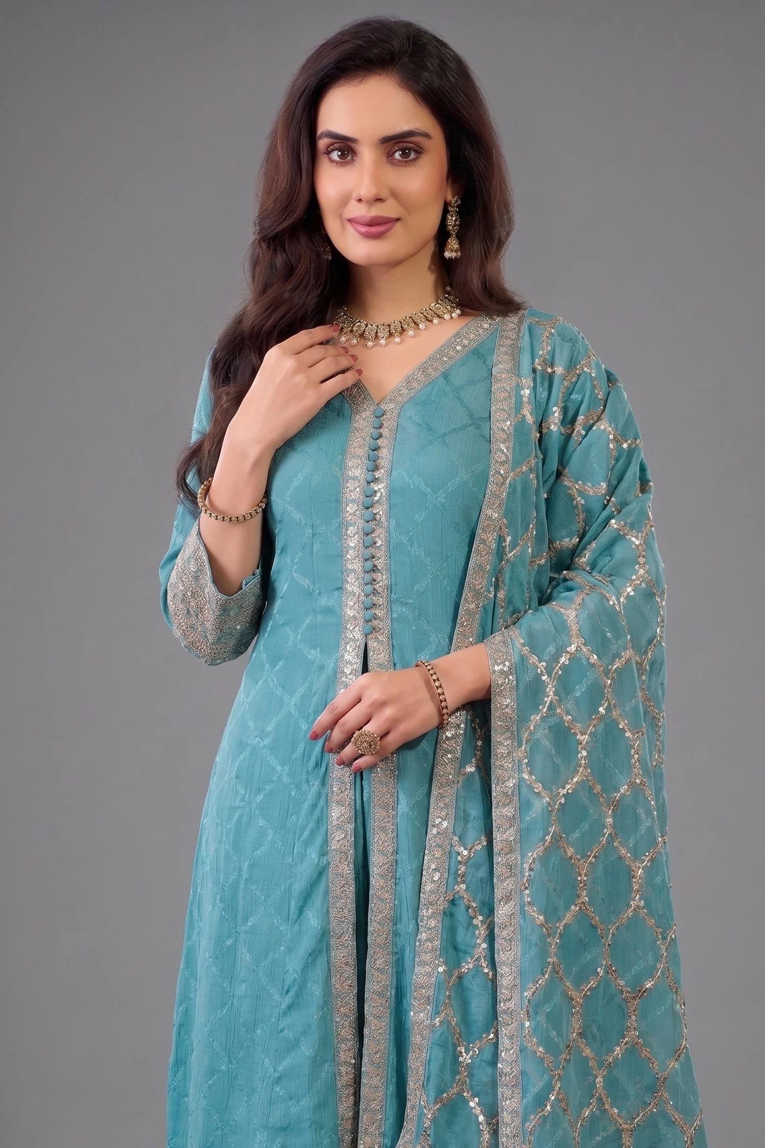 Sky Blue Chinon Chiffon Silk Sequin Embroidered Slit Cut Palazzo Suit - Image 2
