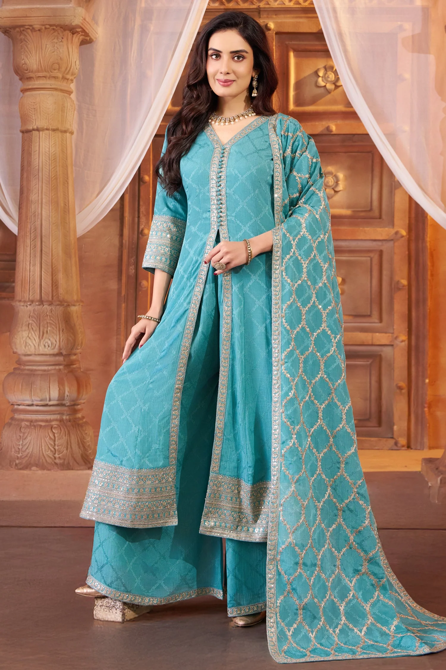Sky Blue Chinon Chiffon Silk Sequin Embroidered Slit Cut Palazzo Suit - Image 3