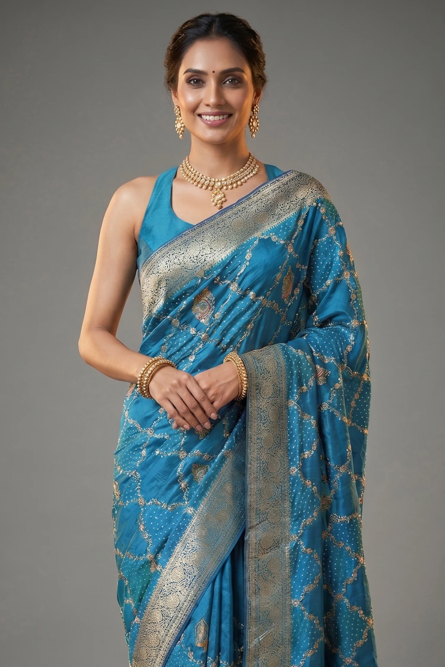 Sky Blue Dola Silk Printed Saree with Embroidery - Image 2