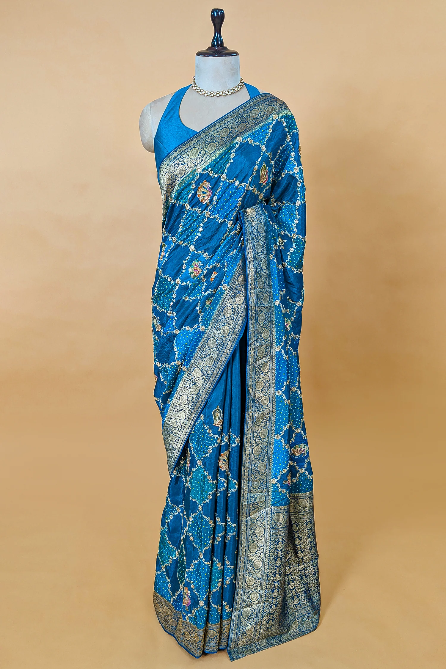 Sky Blue Dola Silk Printed Saree with Embroidery - Image 3