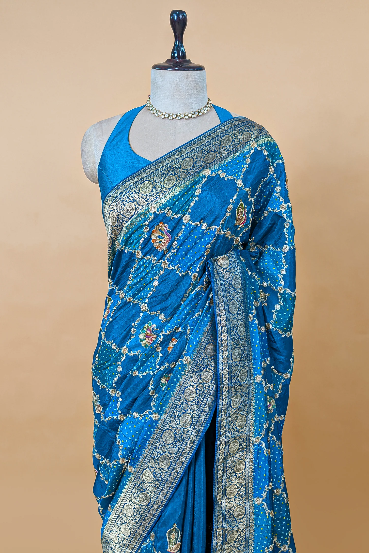 Sky Blue Dola Silk Printed Saree with Embroidery - Image 4