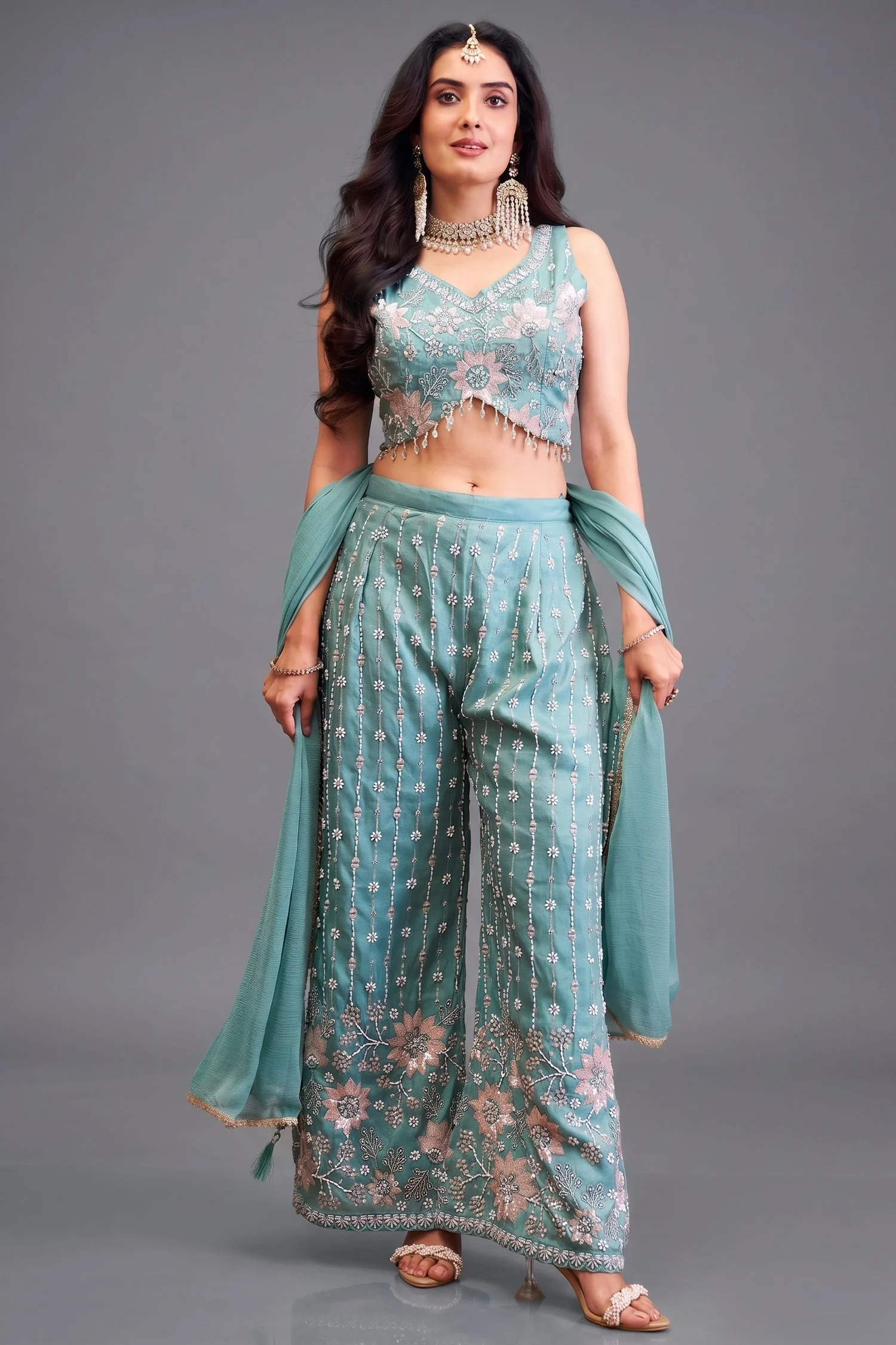 Sky Blue Glass Tissue Cutdana and Sequin Worked Crop Top Palazzo Set
