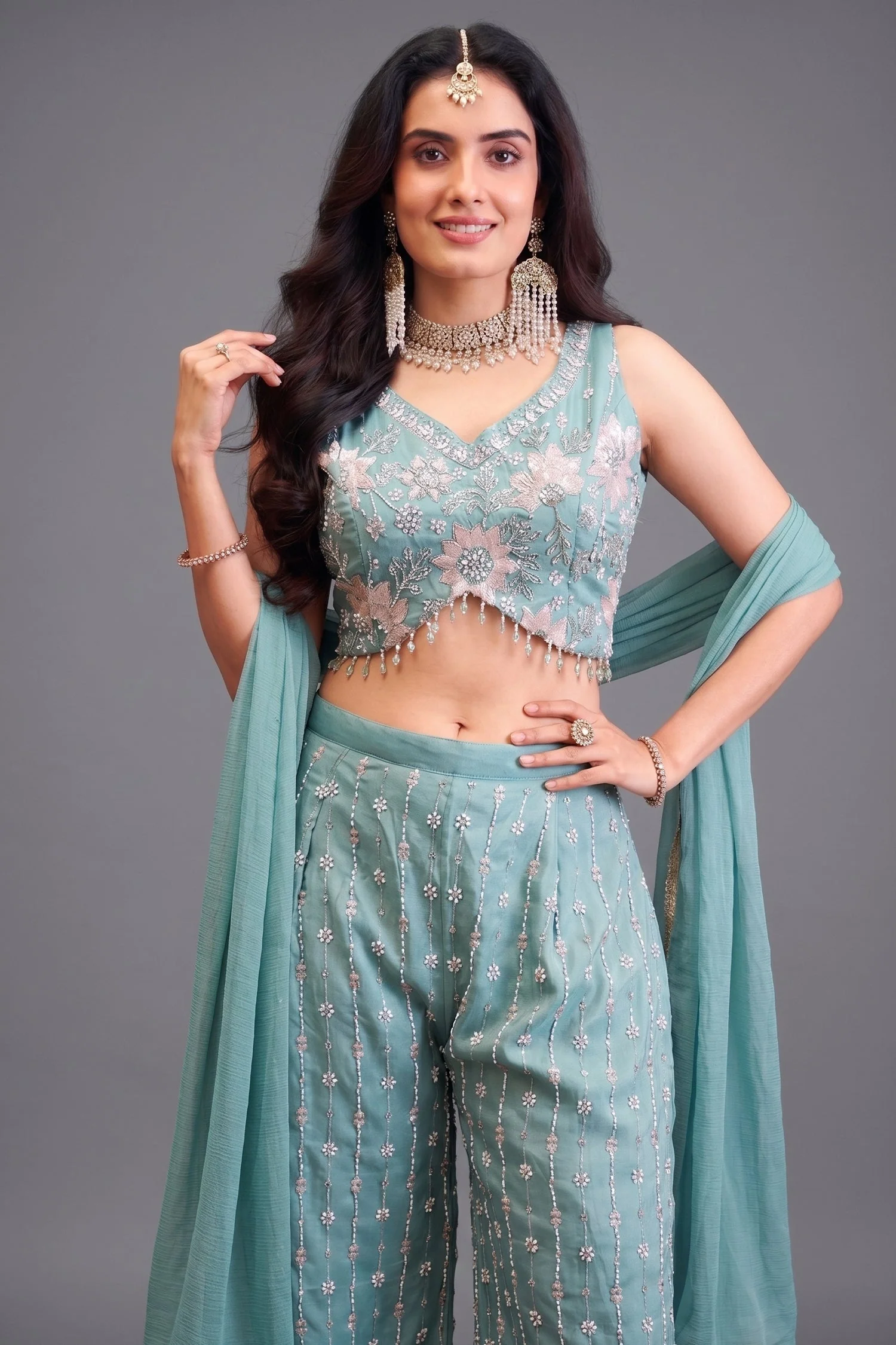 Sky Blue Glass Tissue Cutdana and Sequin Worked Crop Top Palazzo Set - Image 2