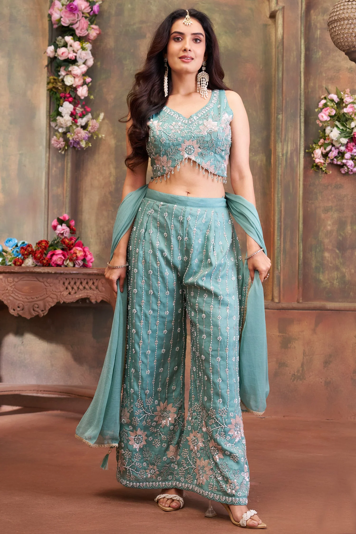Sky Blue Glass Tissue Cutdana and Sequin Worked Crop Top Palazzo Set - Image 3