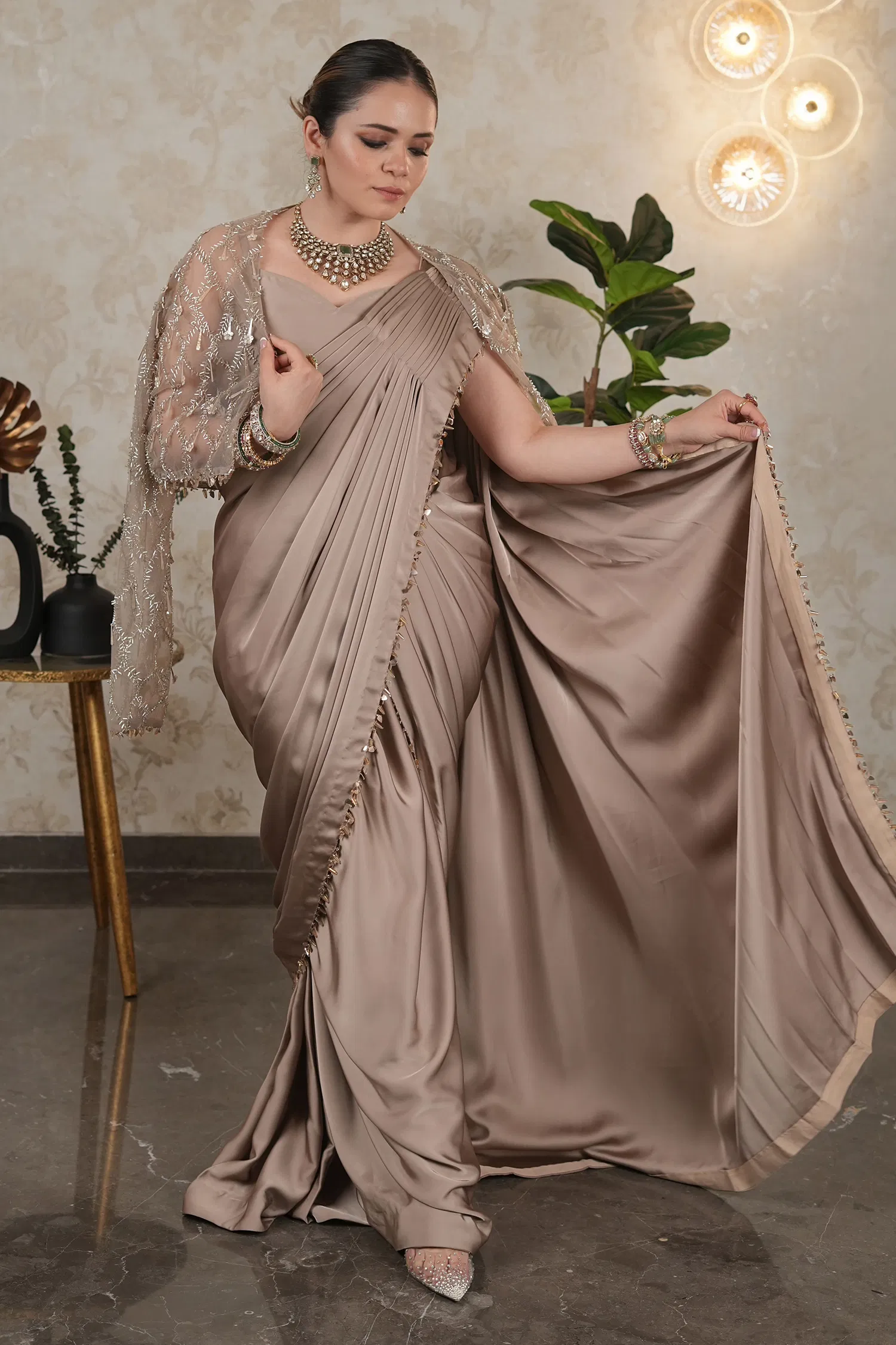 Taupe Satin Silk Pre Stitched Saree Featuring with a Narrow Embellished and Cutdana Short Cape Jacket - Image 3