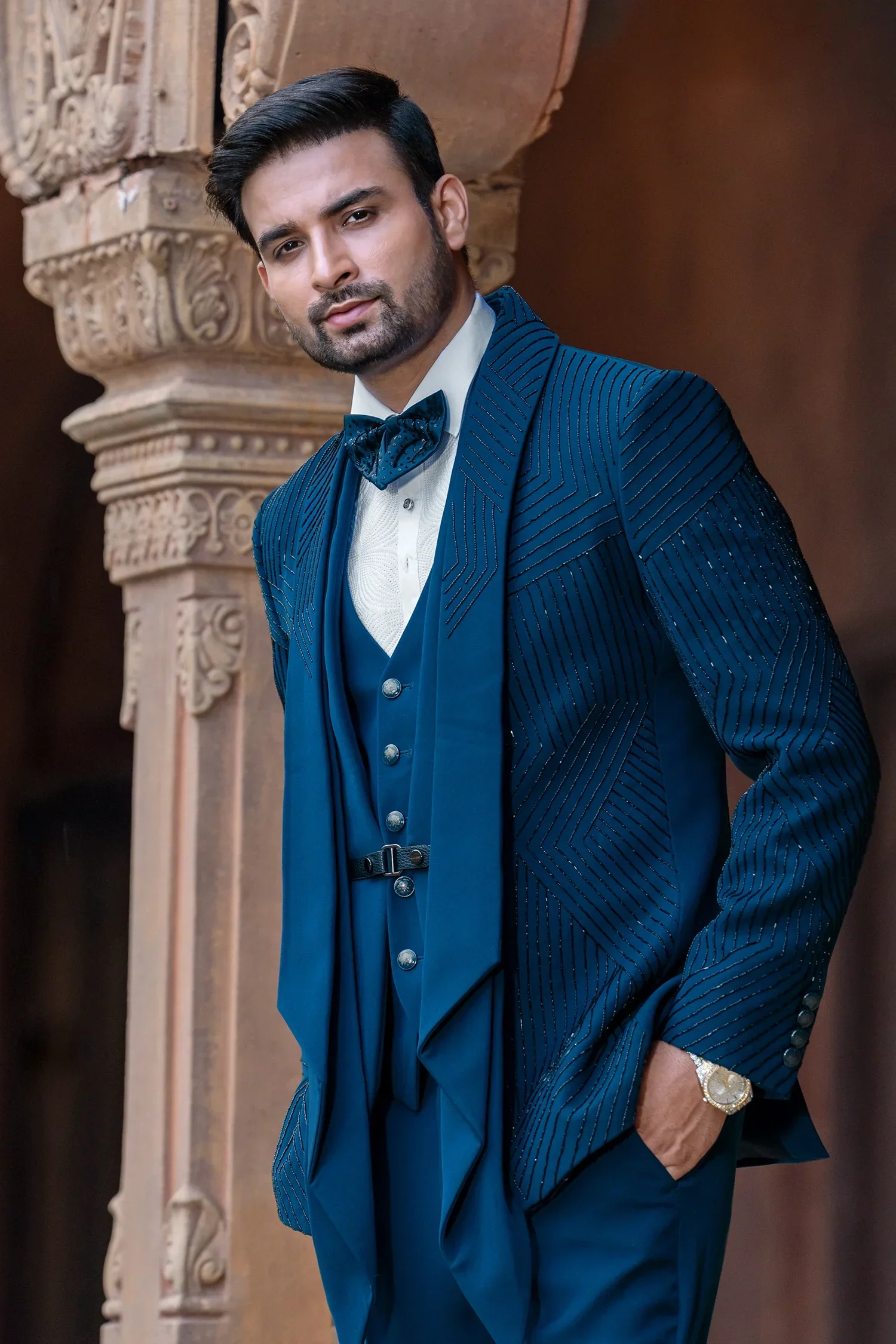 Teal Blue and White Imported Tuxedo Suit with Cutdana Work - Image 2