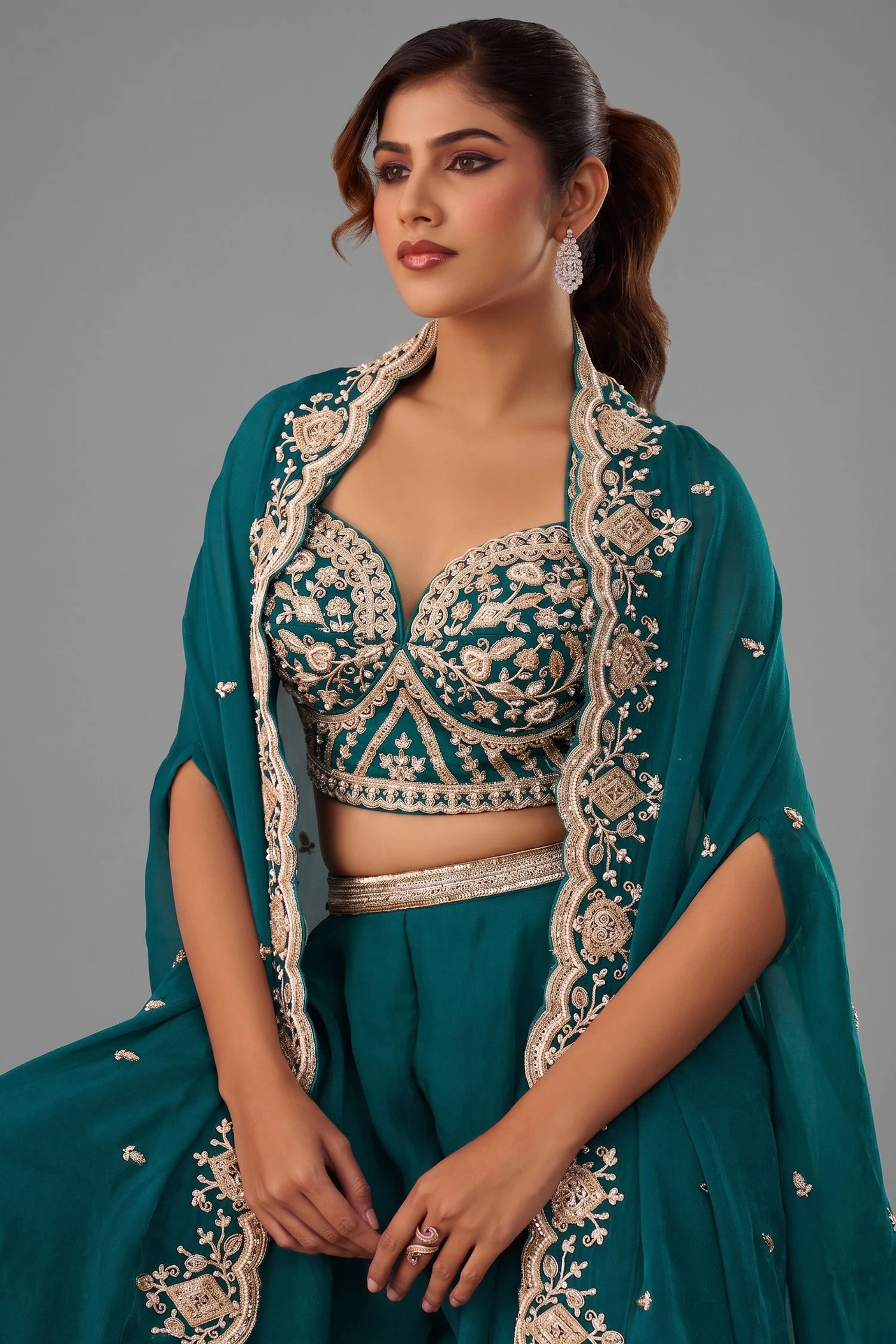 Teal Blue Organza Beads Embroidered Crop Top with Flared Cape and Palazzo Set - Image 2