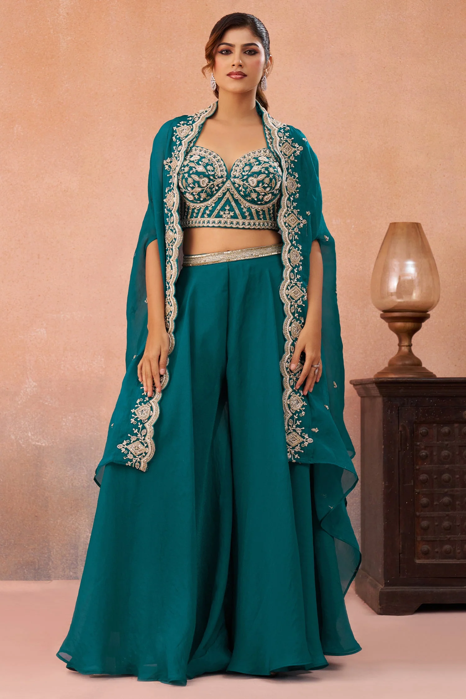 Teal Blue Organza Beads Embroidered Crop Top with Flared Cape and Palazzo Set - Image 3