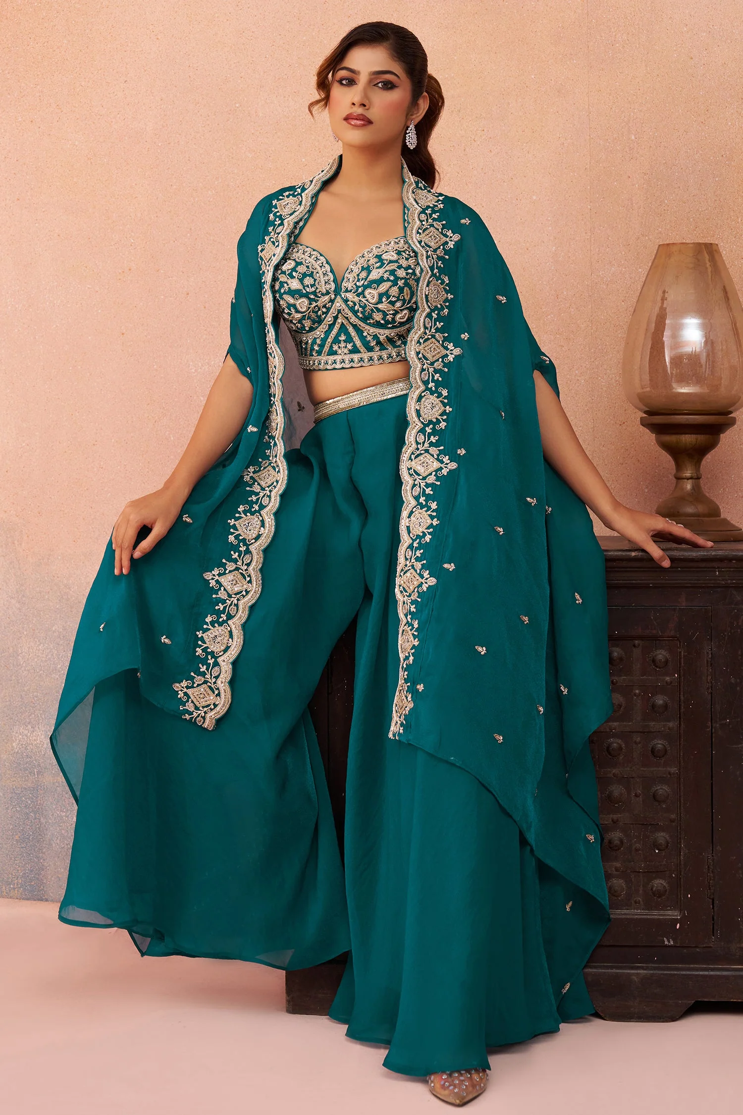 Teal Blue Organza Beads Embroidered Crop Top with Flared Cape and Palazzo Set - Image 4