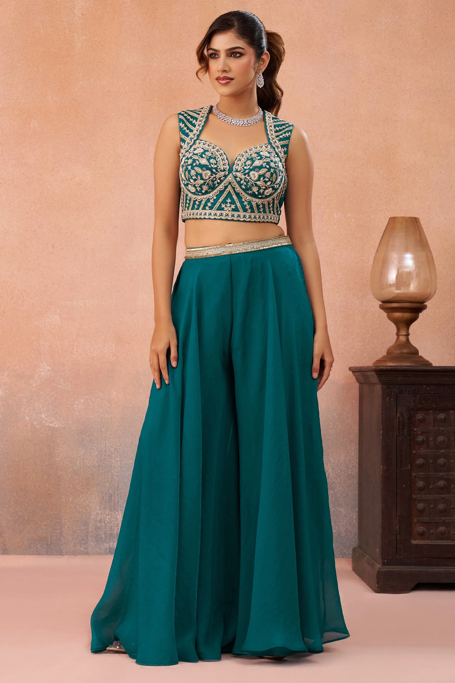 Teal Blue Organza Beads Embroidered Crop Top with Flared Cape and Palazzo Set - Image 5