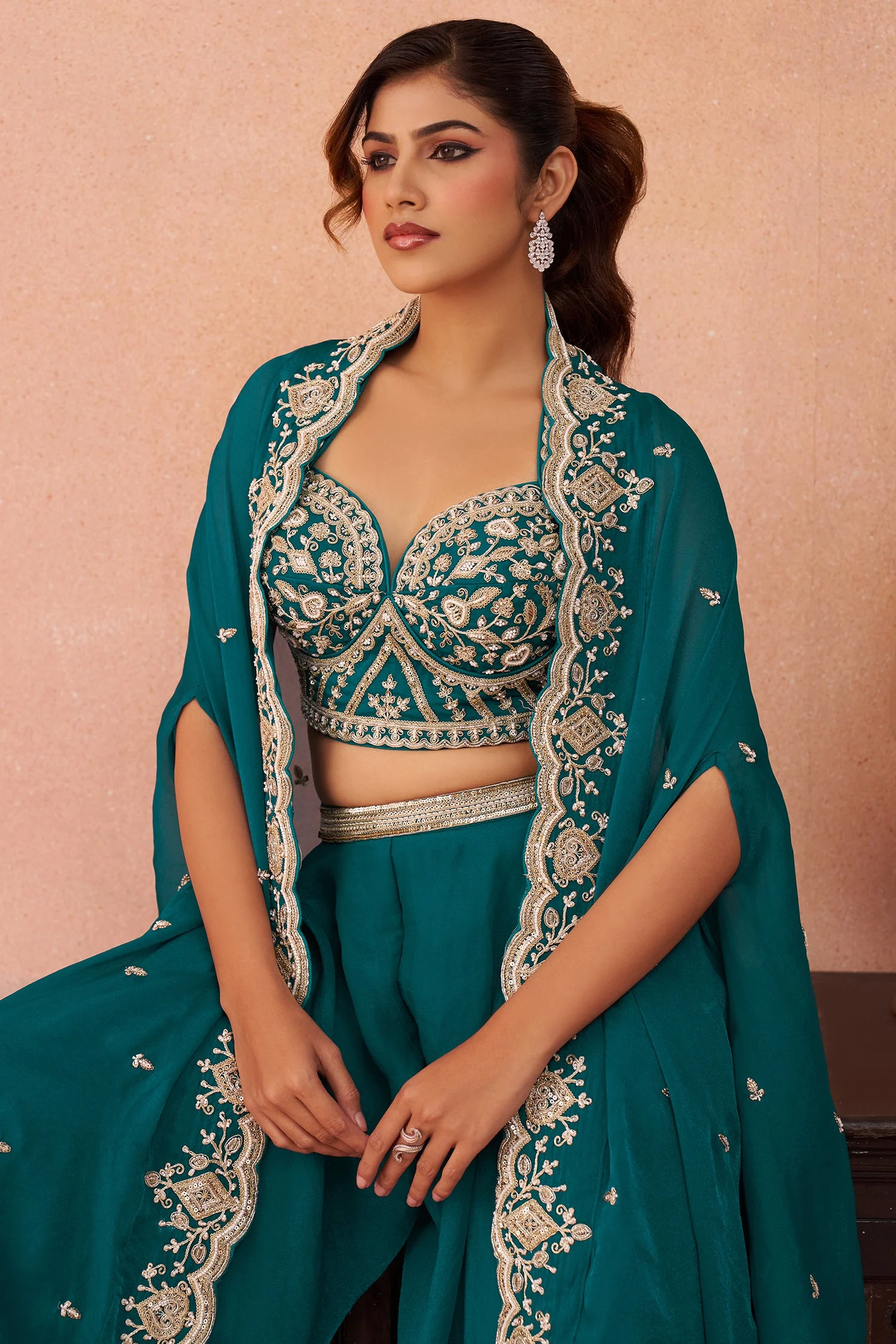 Teal Blue Organza Beads Embroidered Crop Top with Flared Cape and Palazzo Set - Image 6