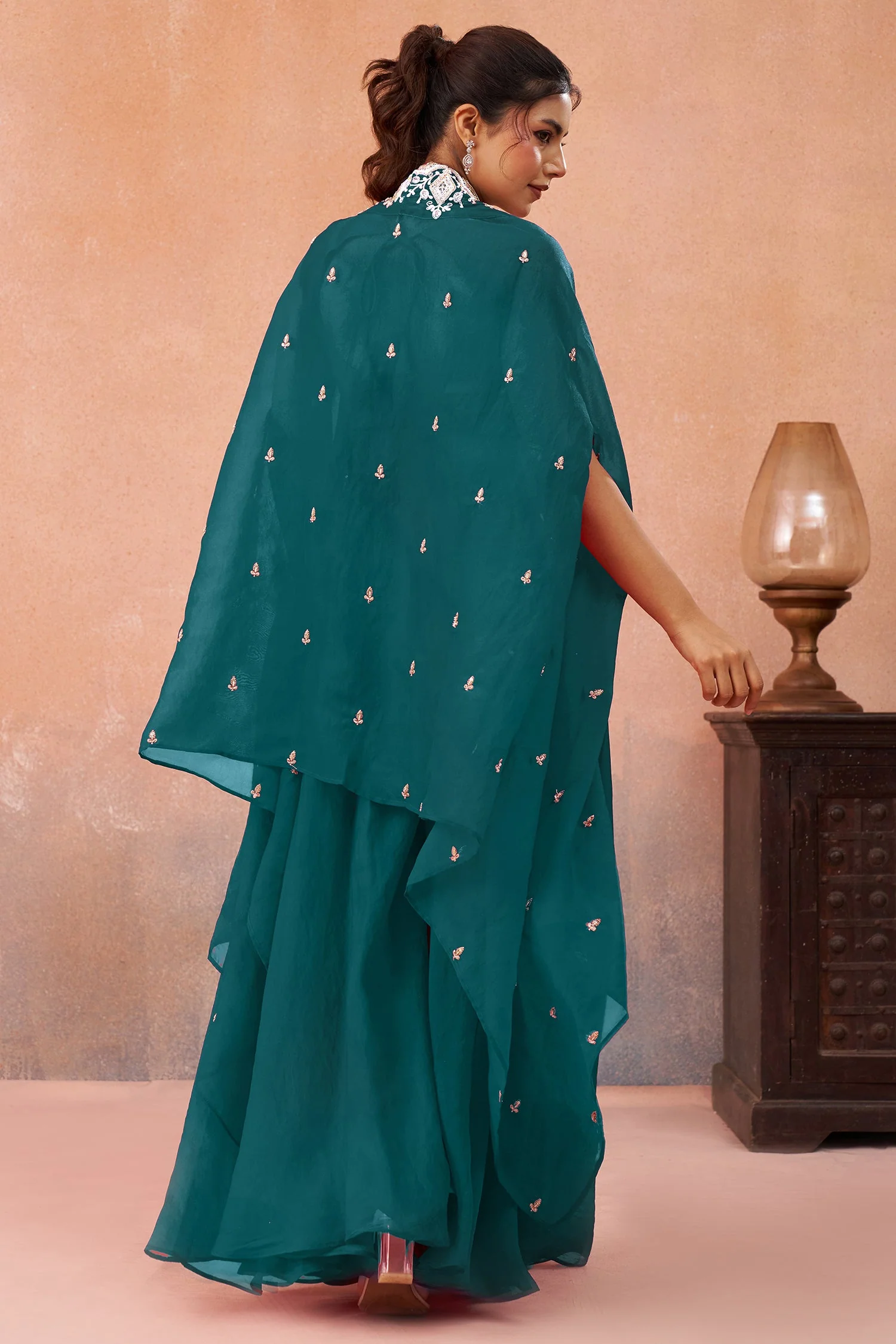 Teal Blue Organza Beads Embroidered Crop Top with Flared Cape and Palazzo Set - Image 7
