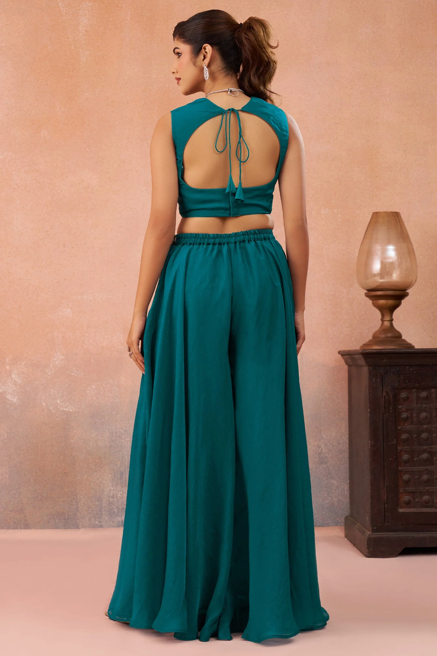 Teal Blue Organza Beads Embroidered Crop Top with Flared Cape and Palazzo Set - Image 8