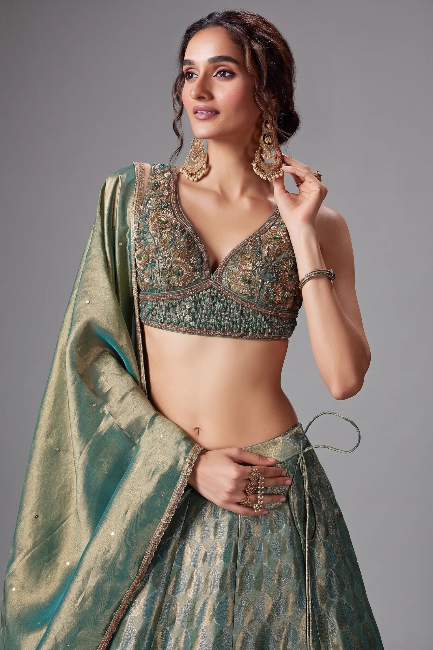 Teal Green and Golden Tissue Lehenga with Handworked Blouse - Image 2