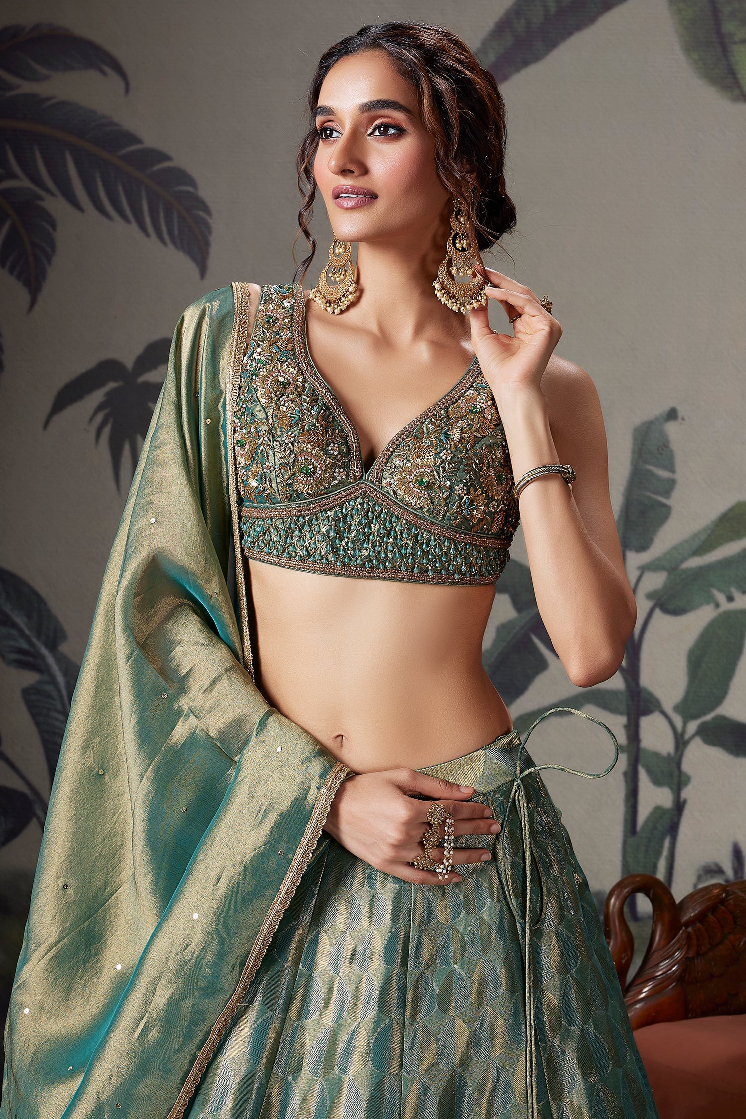 Teal Green and Golden Tissue Lehenga with Handworked Blouse - Image 4