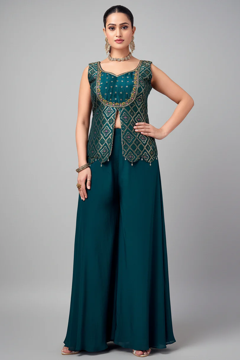 Teal Green Art Silk Woven Slit Cut Palazzo Suit