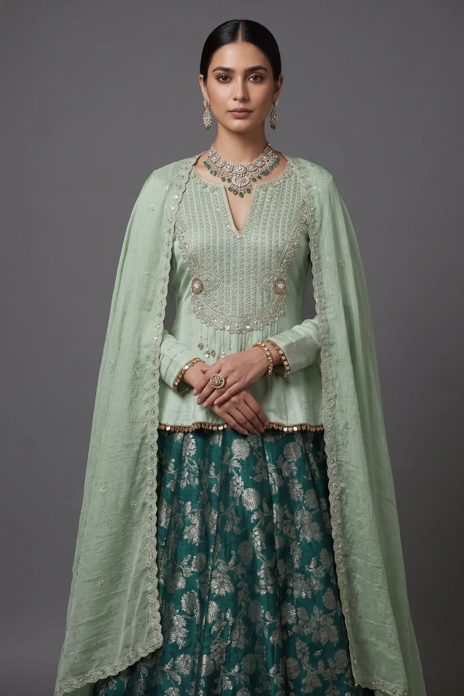 Teal Green Brocade Banarasi Silk Floral Woven Lehenga with Peplum Blouse - Image 2