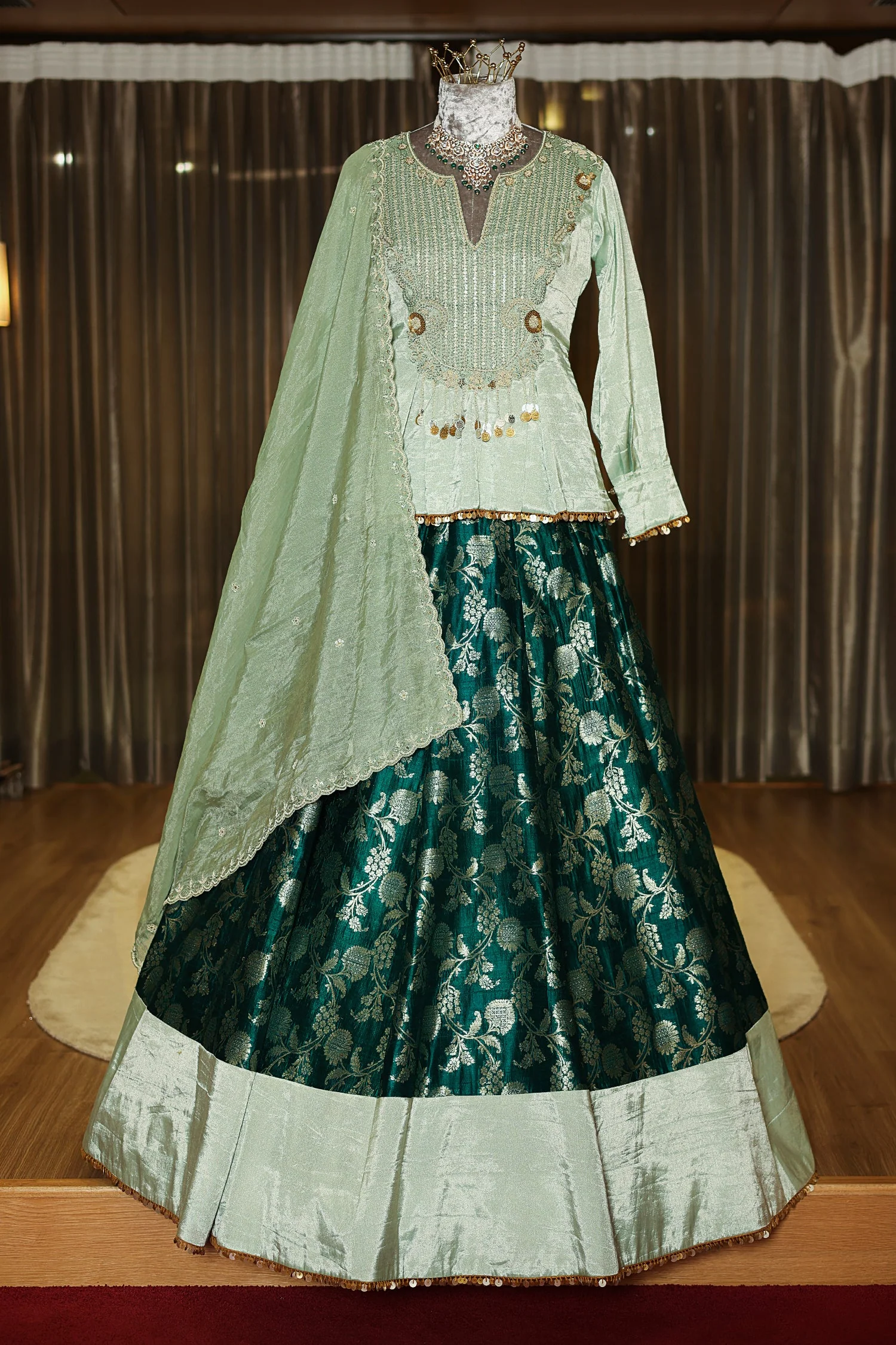 Teal Green Brocade Banarasi Silk Floral Woven Lehenga with Peplum Blouse - Image 3