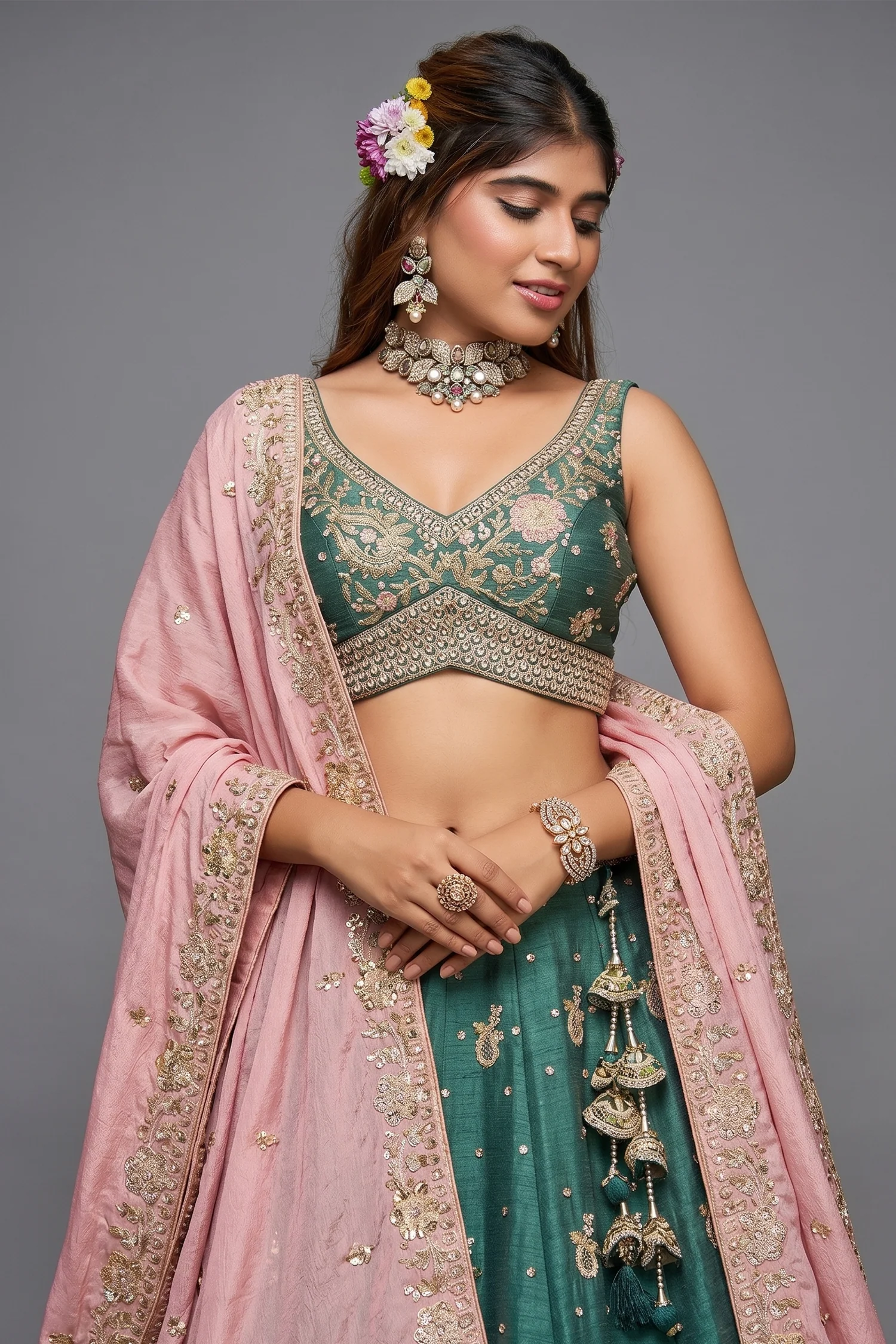 Teal Green Chinon Sequin Embroidery Lehenga - Image 2