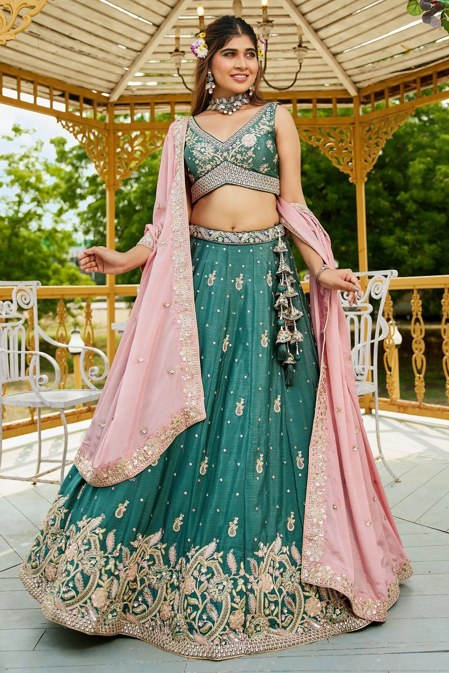 Teal Green Chinon Sequin Embroidery Lehenga - Image 3