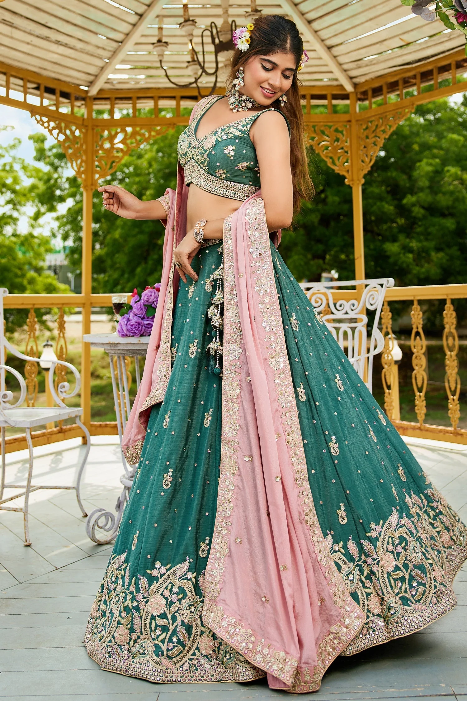 Teal Green Chinon Sequin Embroidery Lehenga - Image 4