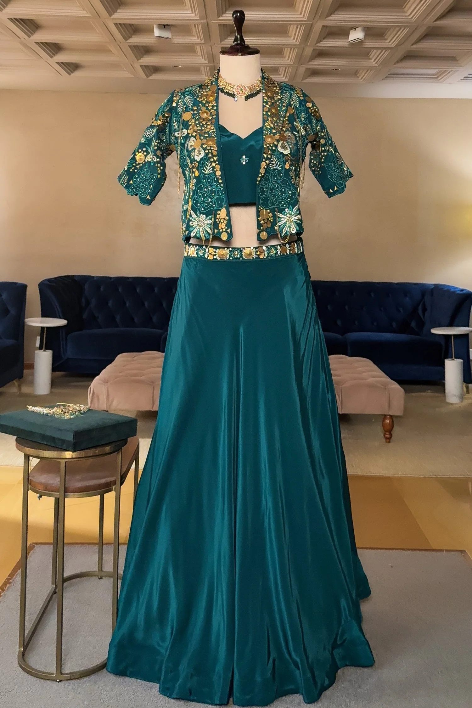 Teal Green Designer Handworked Crepe Silk Indo Western Set - Image 2