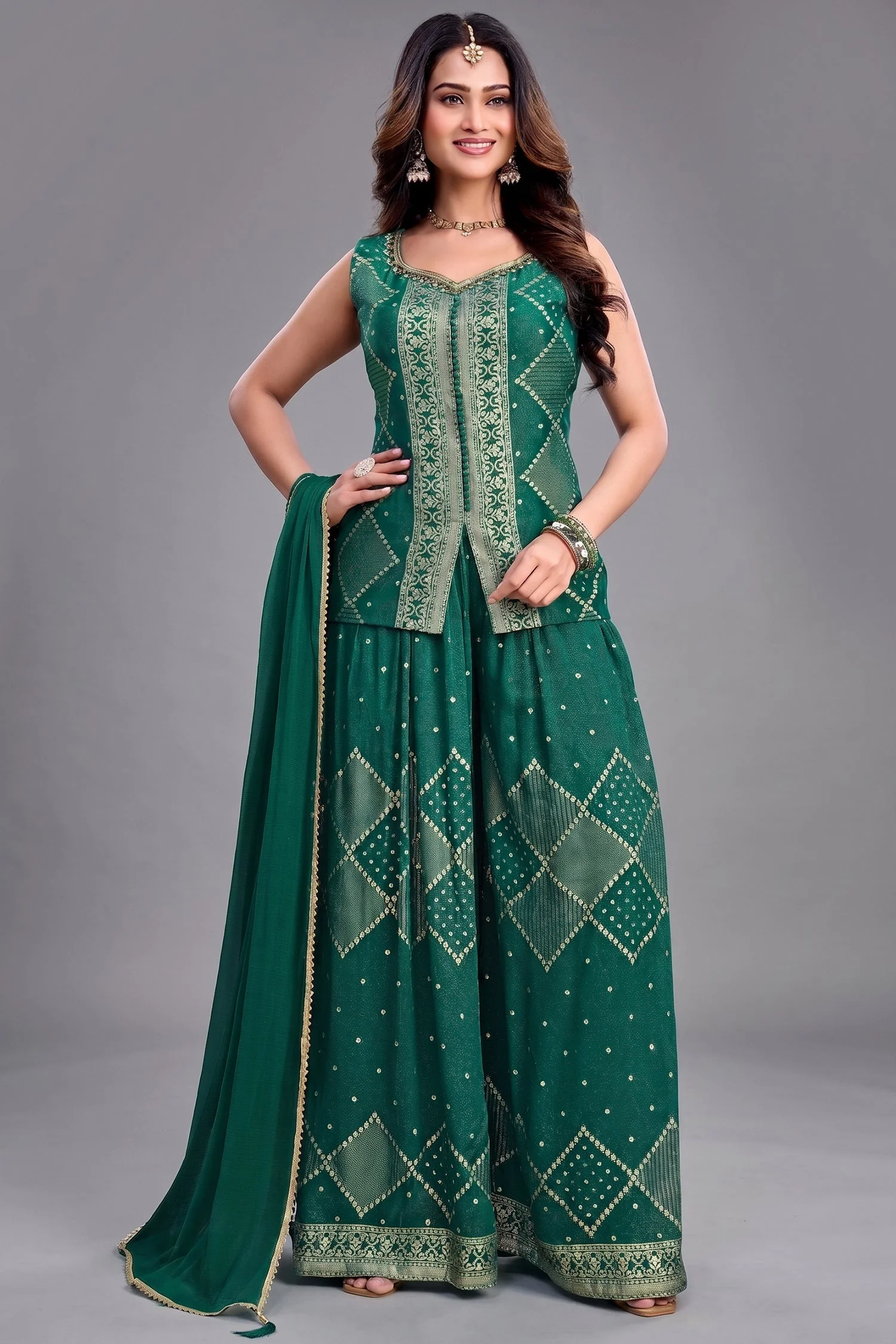 Teal Green Georgette Woven Palazzo Suit