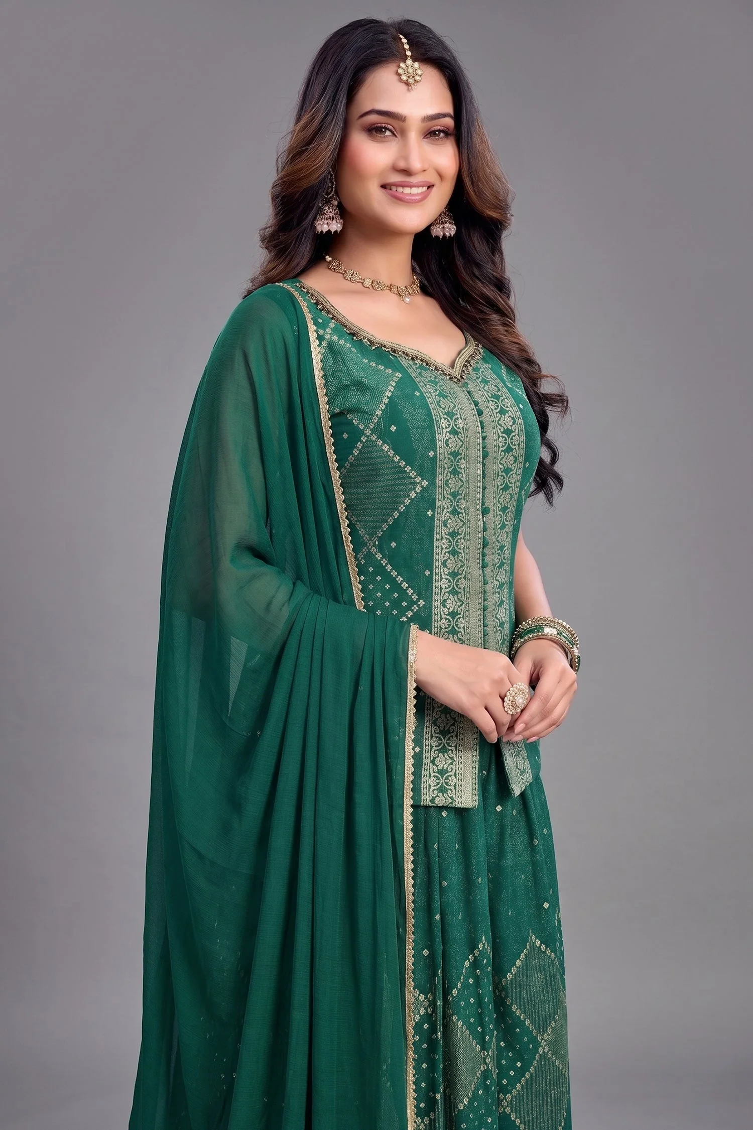 Teal Green Georgette Woven Palazzo Suit - Image 2
