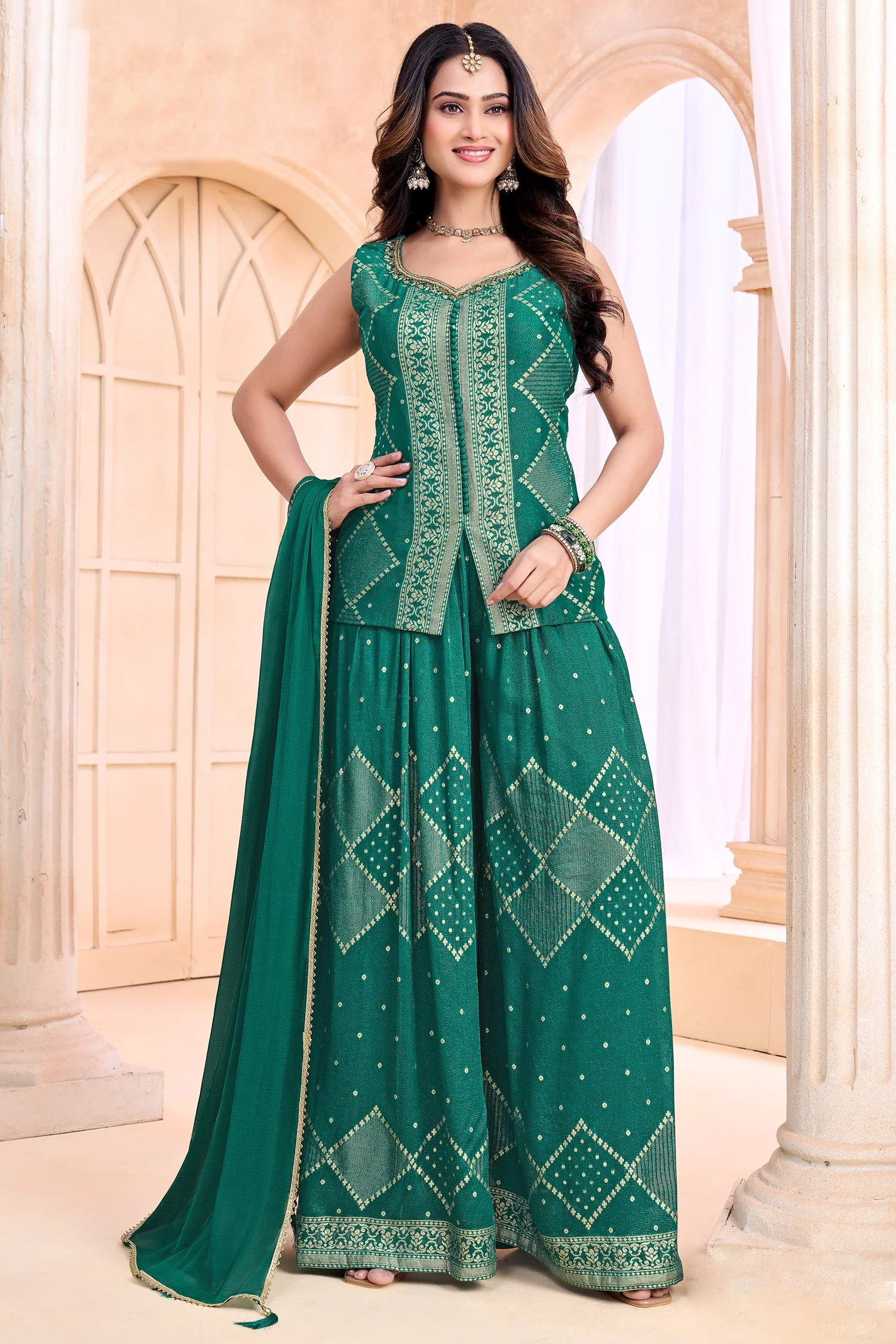 Teal Green Georgette Woven Palazzo Suit - Image 3