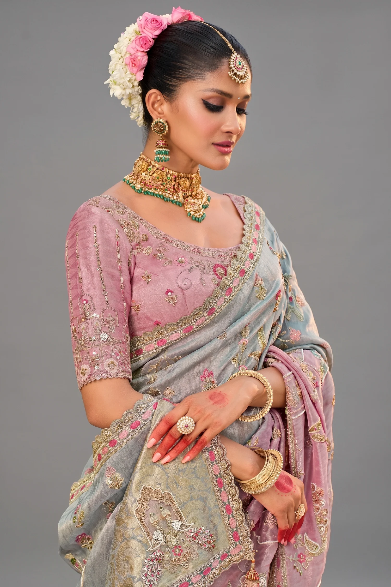 Triple Toned Silk All Over Embroidered Saree - Image 2