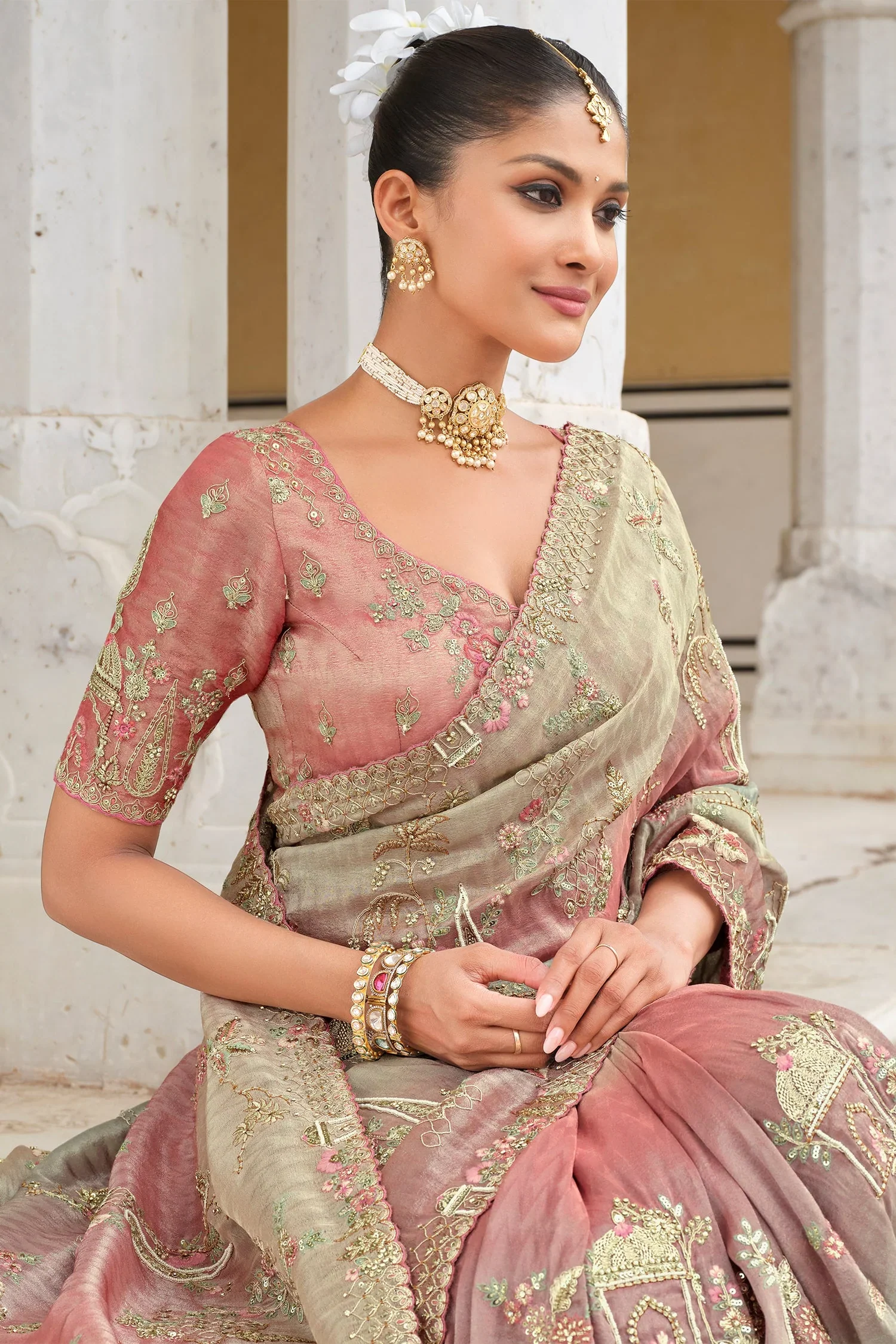 Triple Toned Silk All Over Embroidered Saree - Image 3