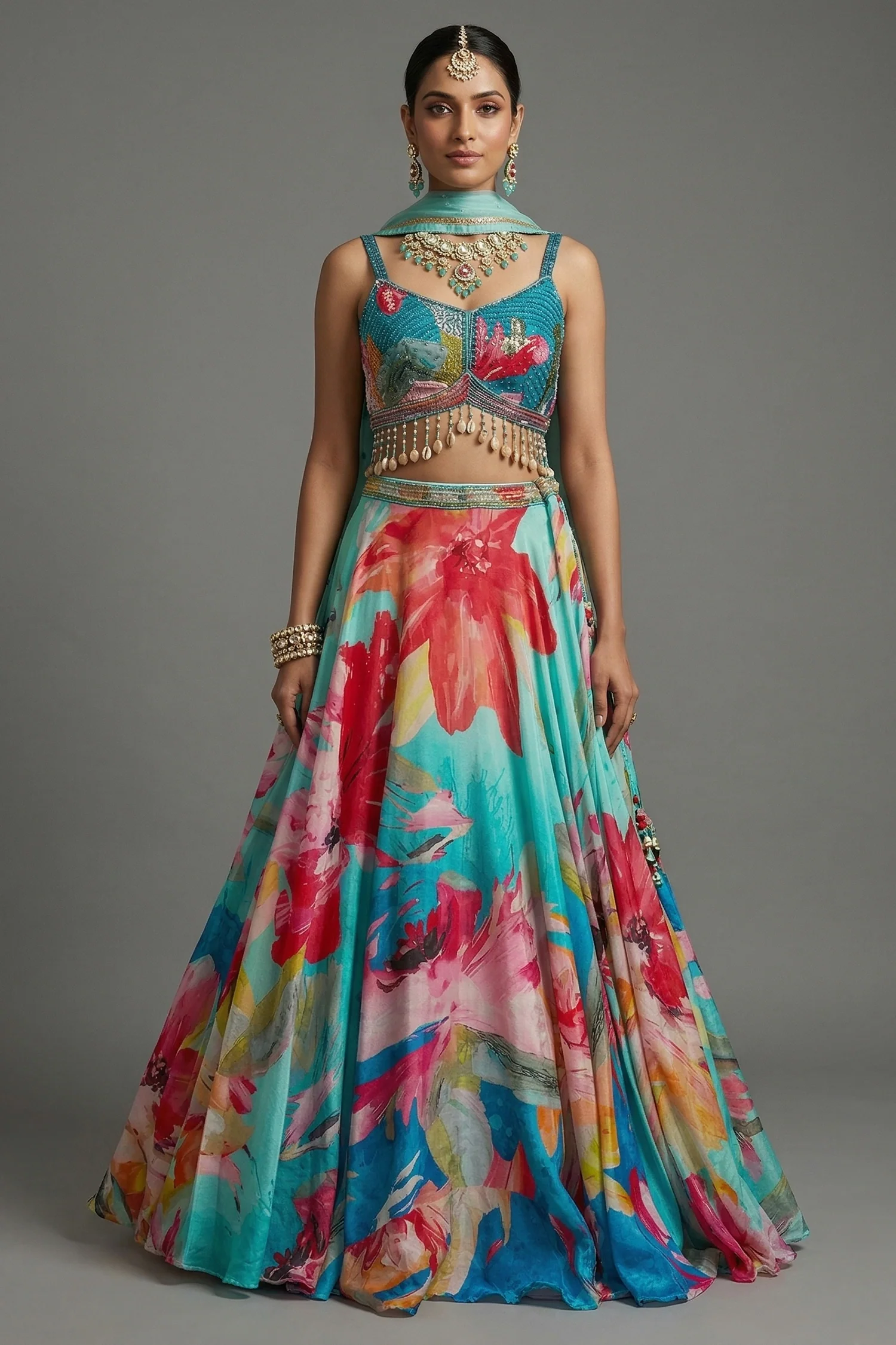 Turquoise Blue Crepe Silk Printed Lehenga with Shell Detailing