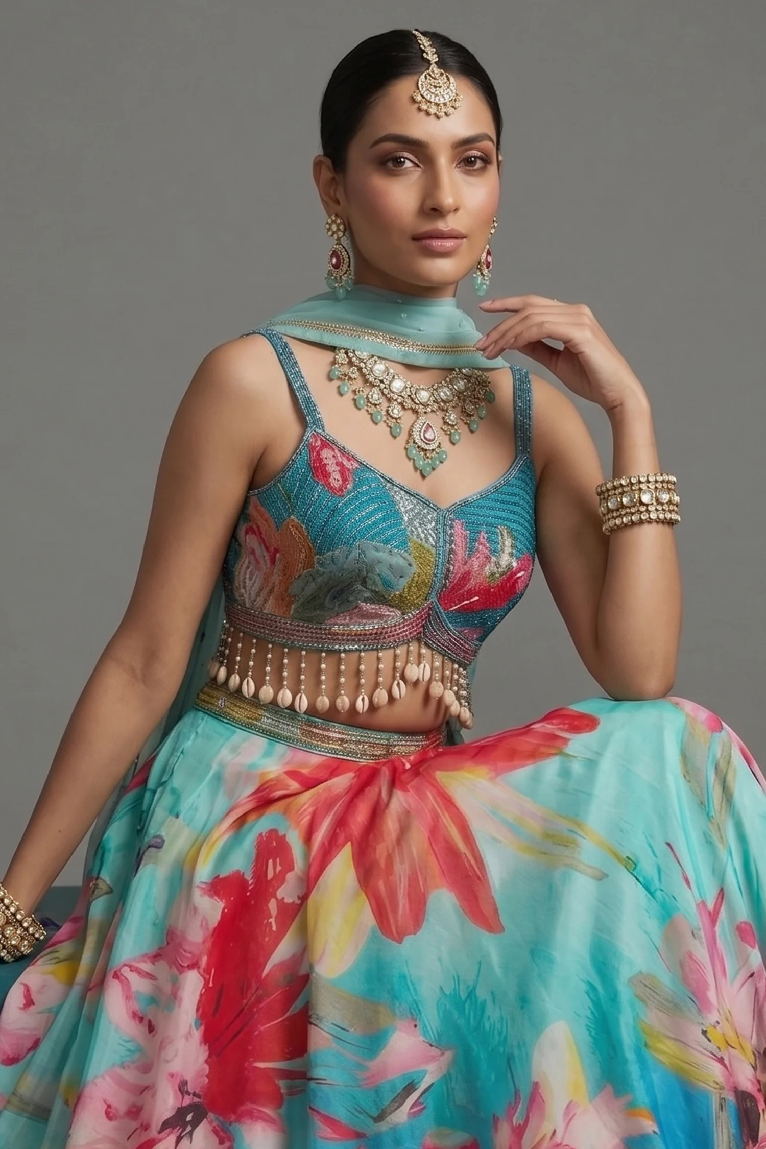 Turquoise Blue Crepe Silk Printed Lehenga with Shell Detailing - Image 2
